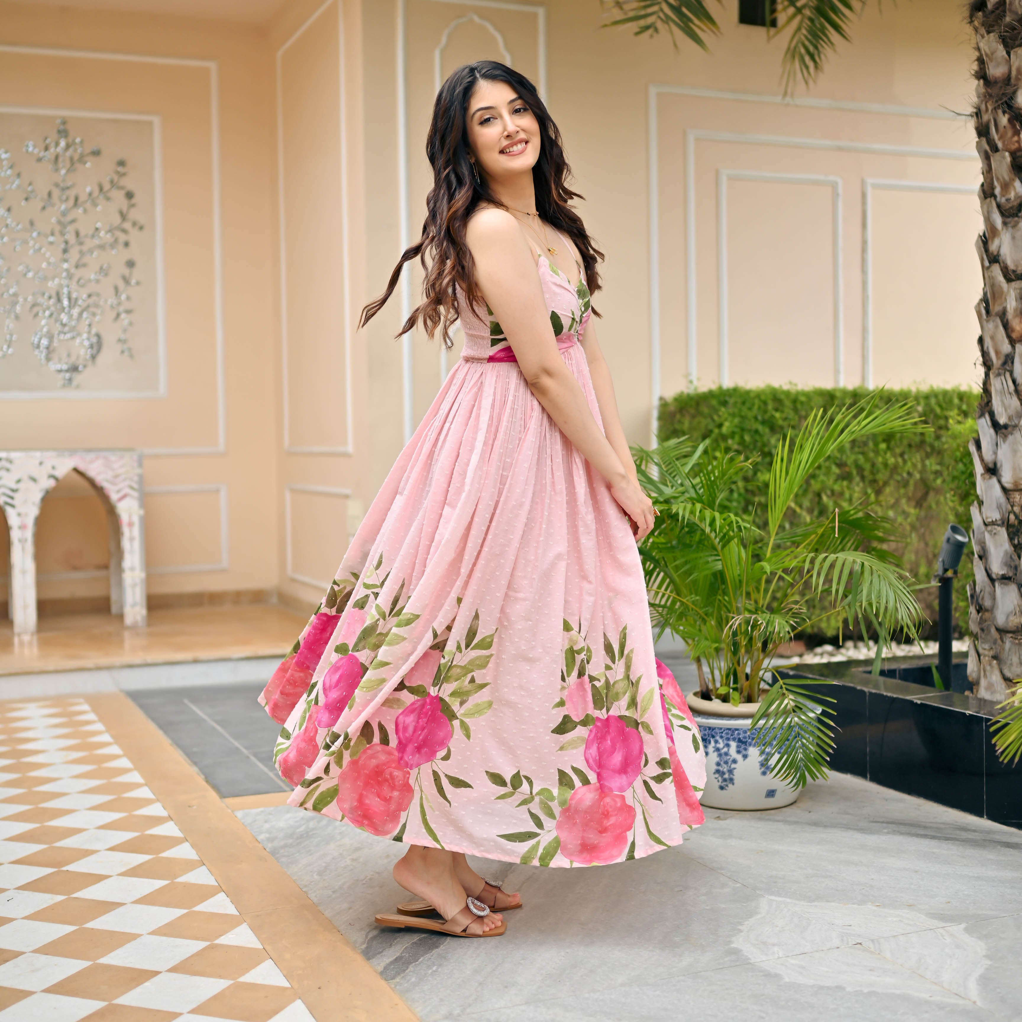 Pink Rose Cotton Dobby Dress for Women Online