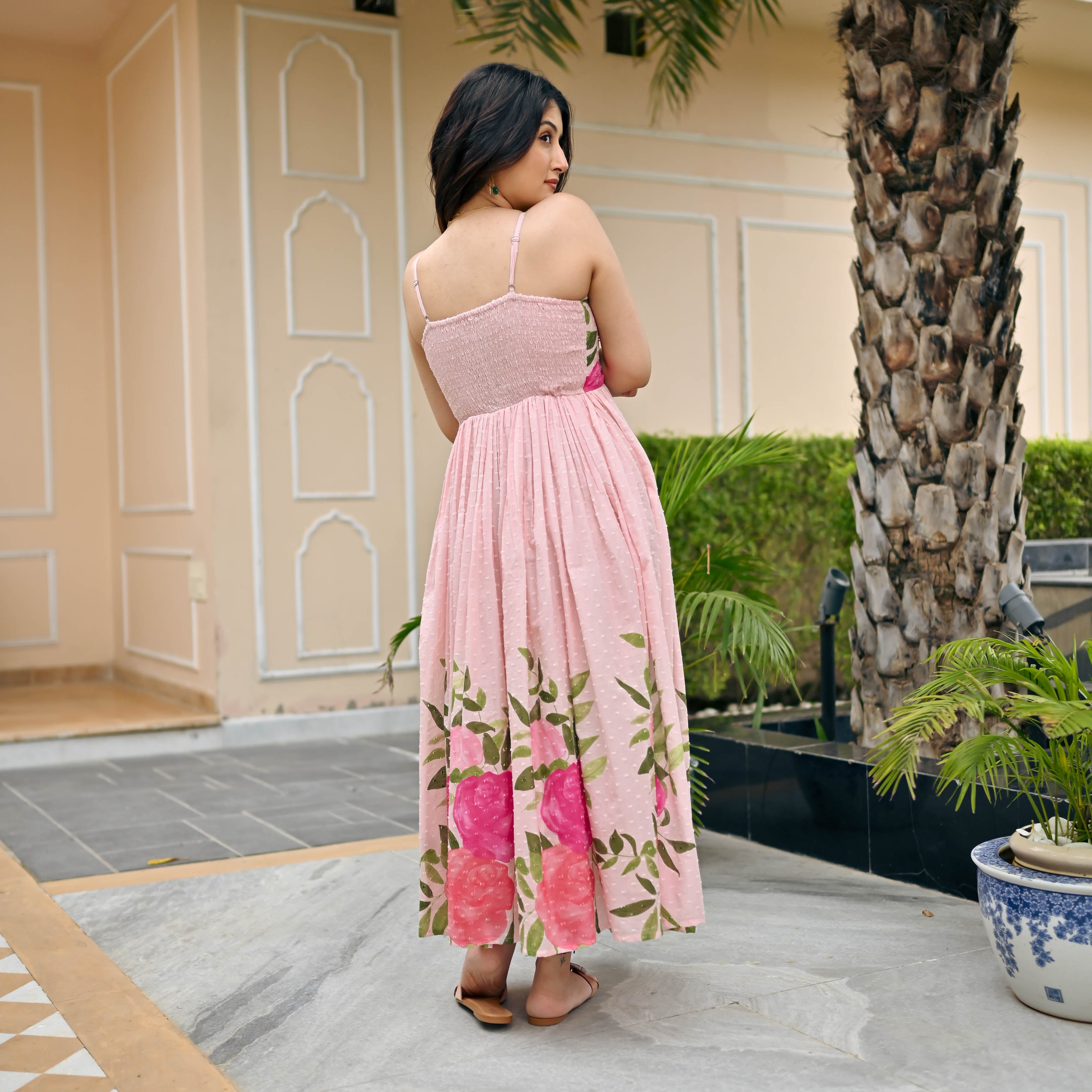 Pink Rose Cotton Dobby Dress for Women Online