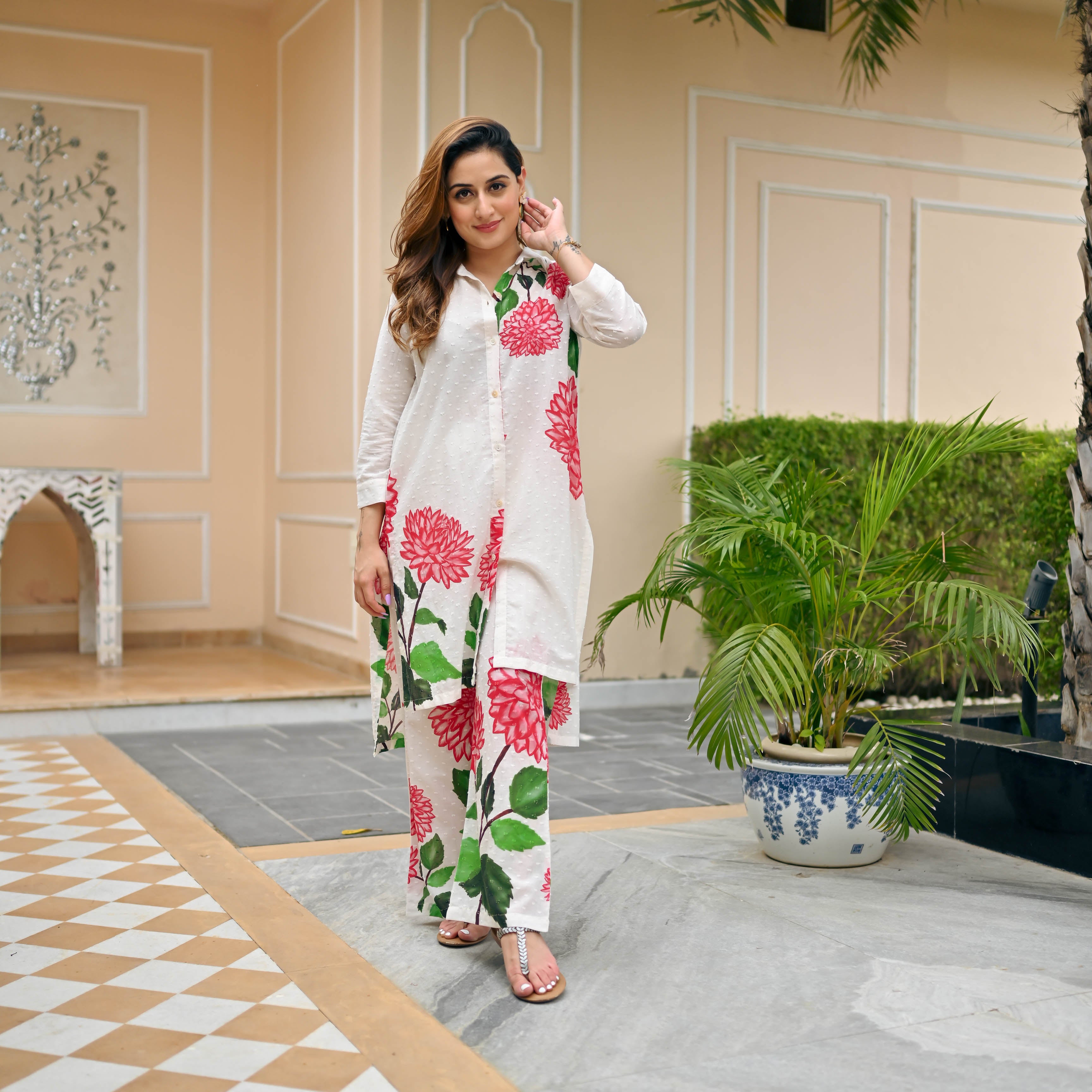 Aria Allure White Floral Print Designer Cotton Co-ord Set For Women Online