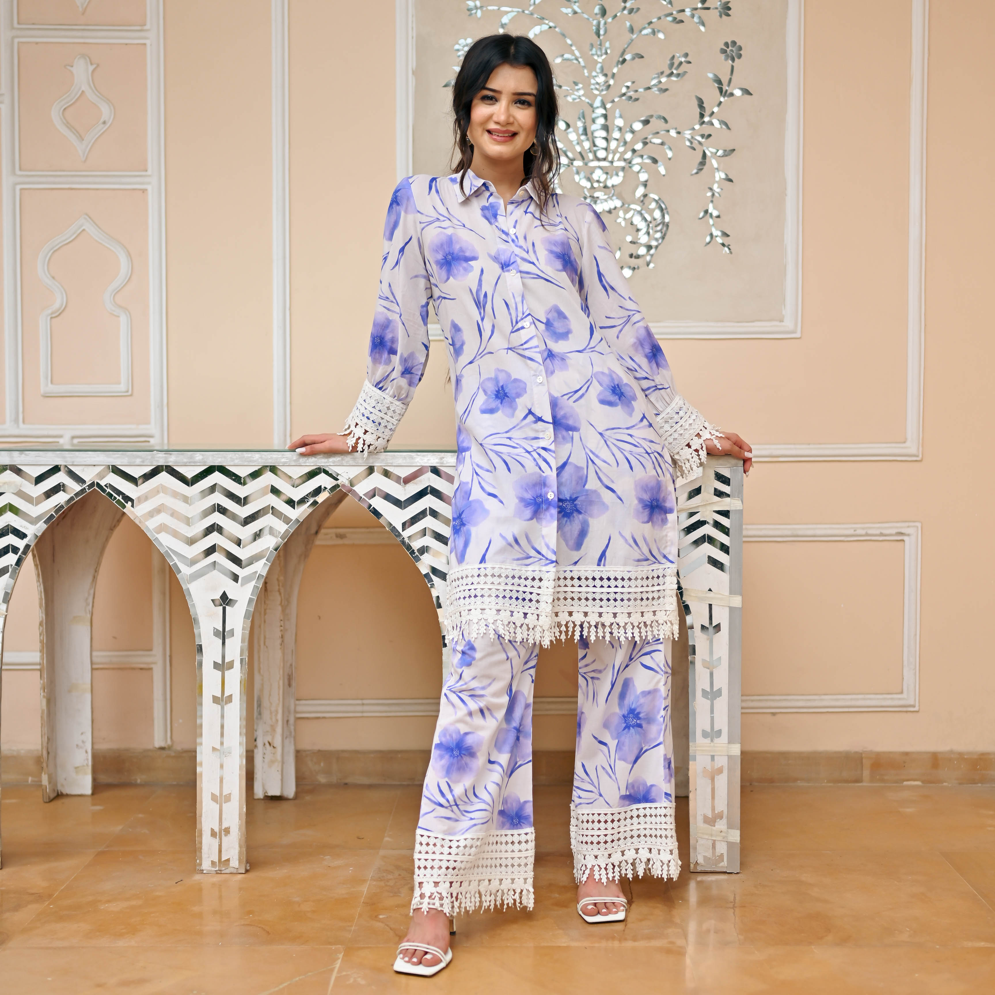 Evelyn Elegance White Blue Designer Cotton Co-ord Set For Women Online