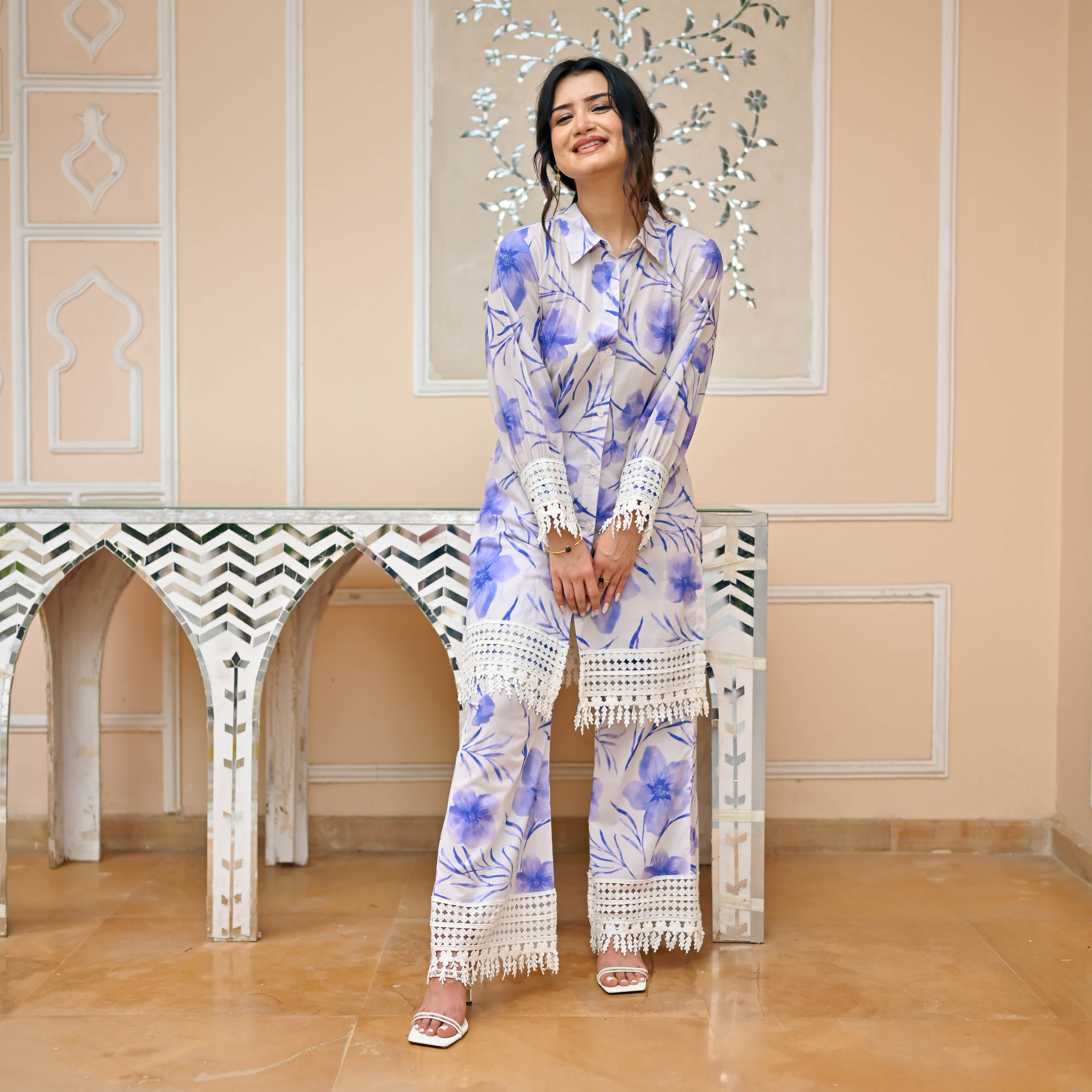 White Blue Cotton Co-ord Set for Women Online