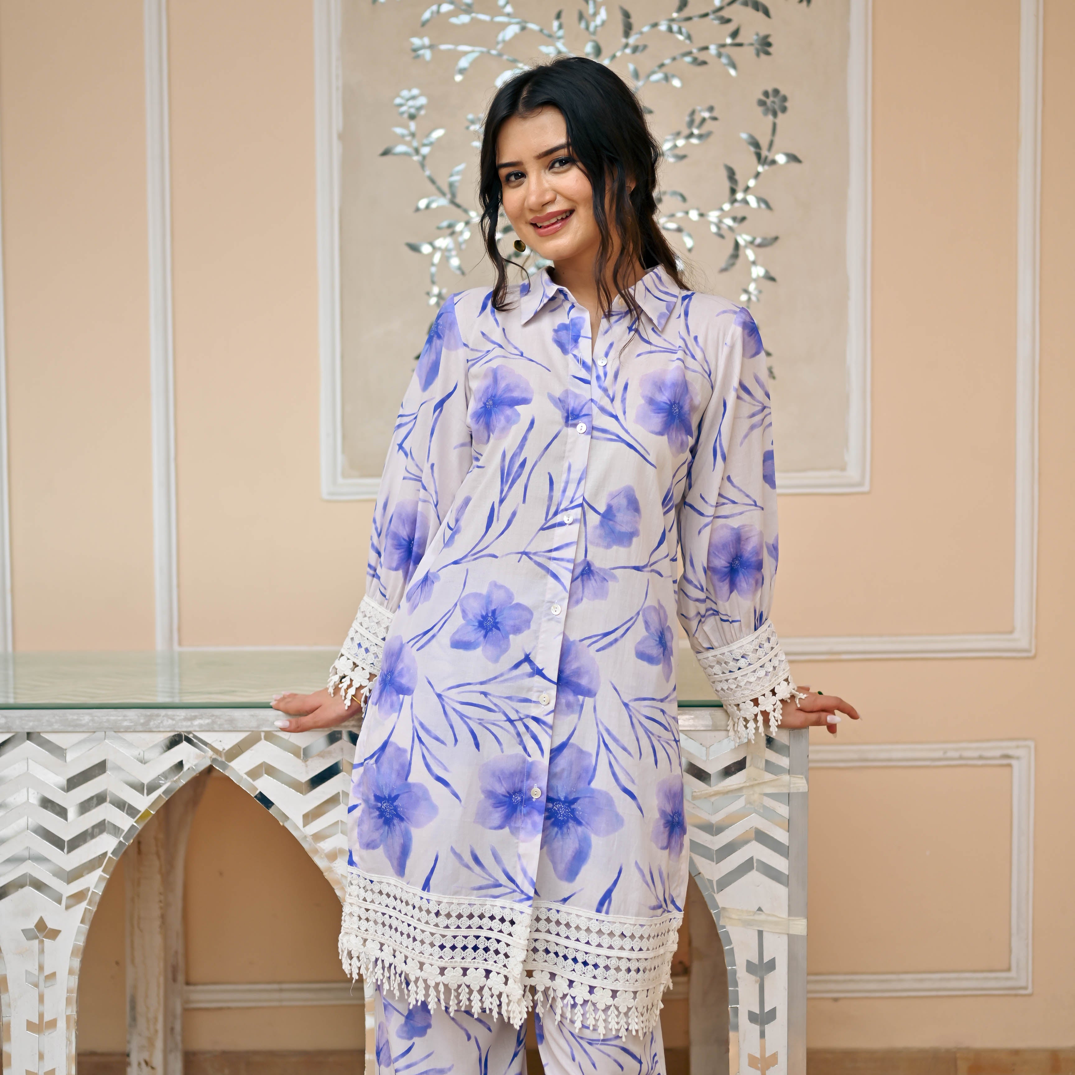Evelyn Elegance White Blue Designer Cotton Co-ord Set For Women Online