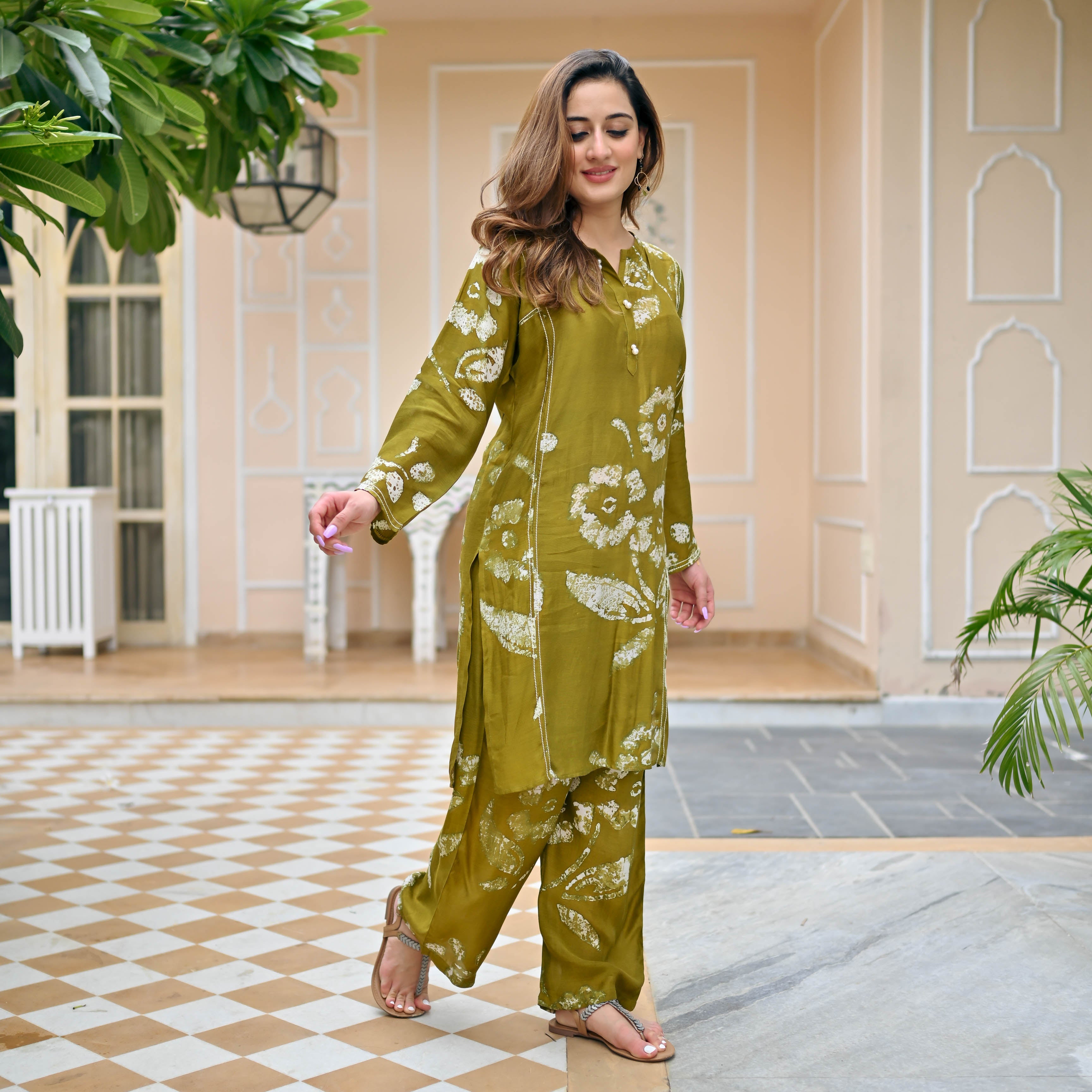 Olive Green Cotton Silk Co-ord Set for Women Online