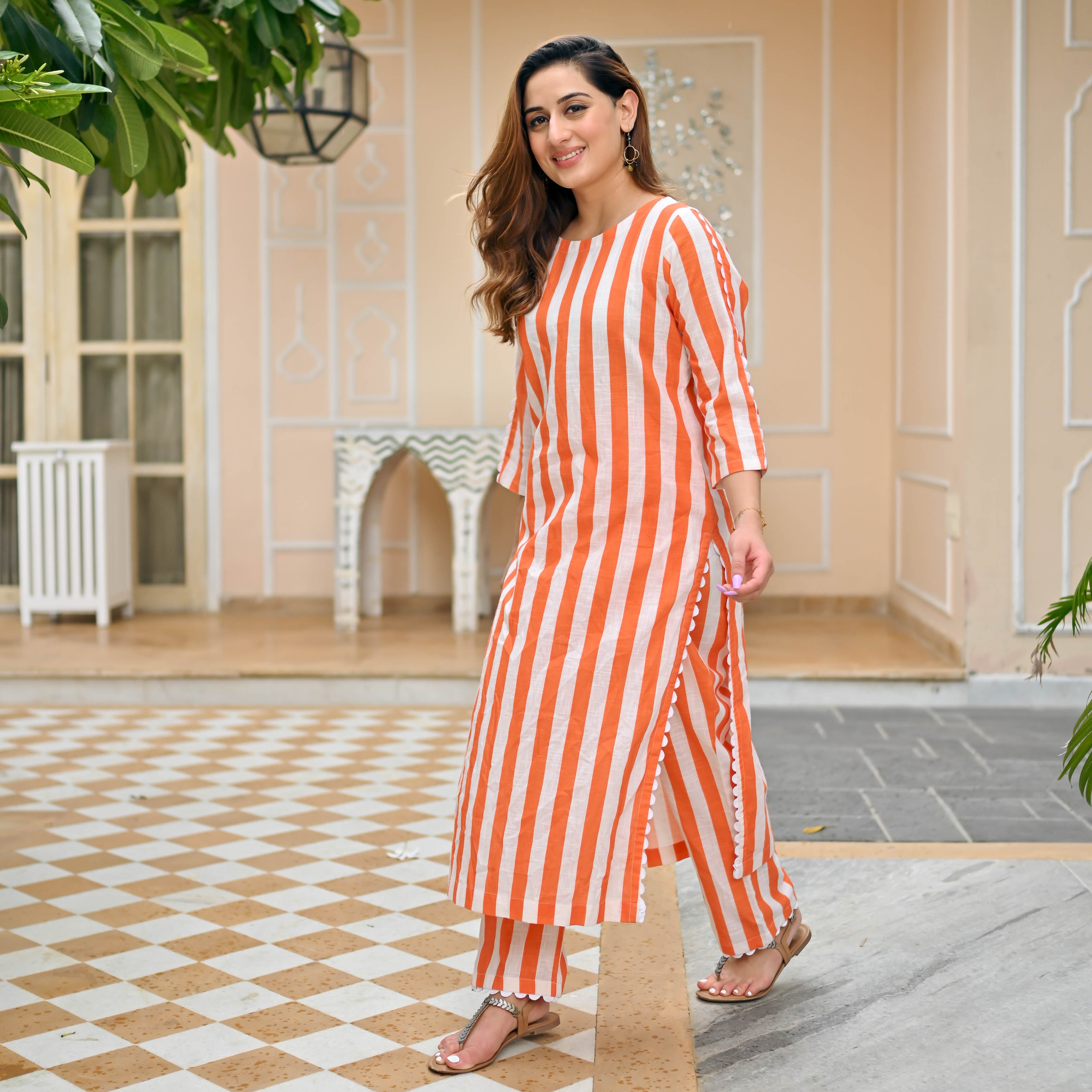 Orange Stripes Co-ord Set for Women Online