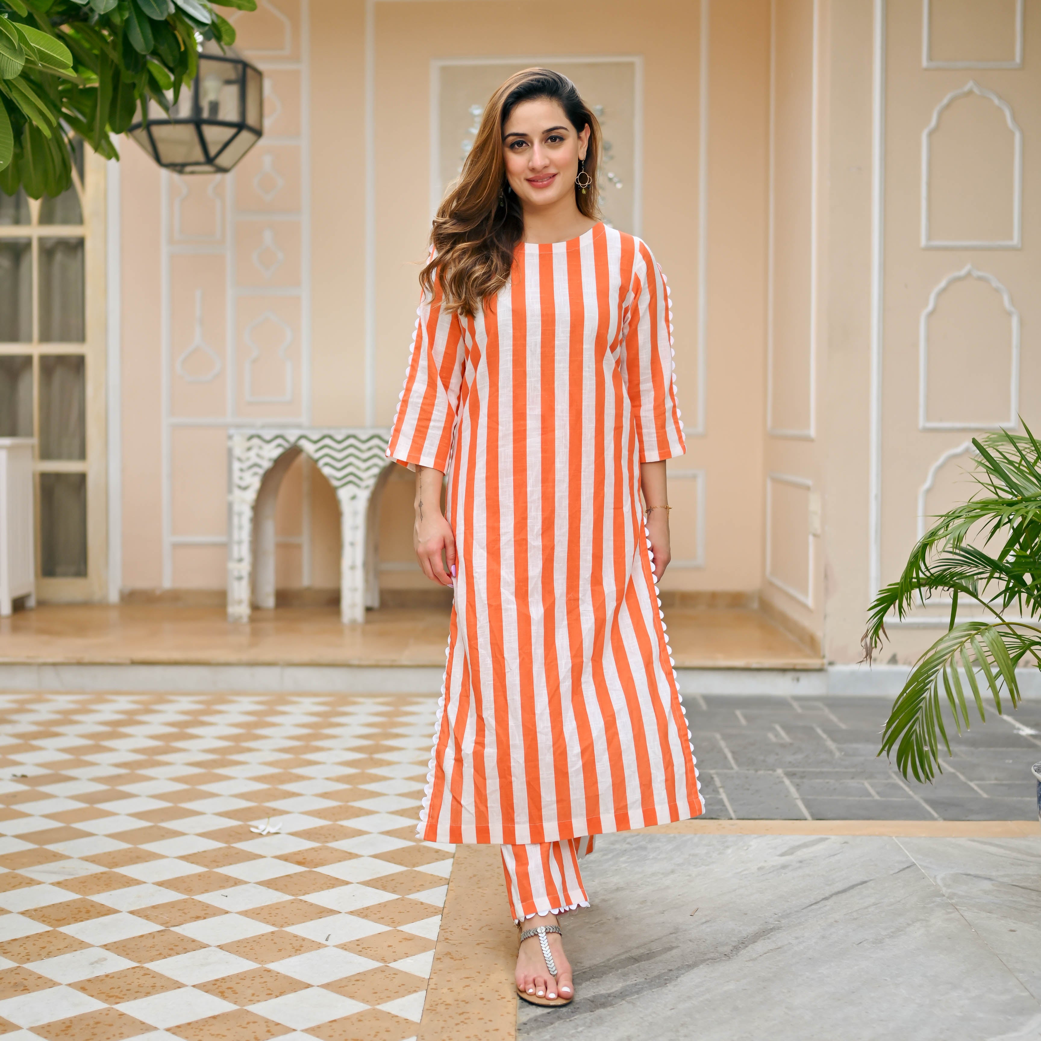 Orange Stripes Co-ord Set for Women Online