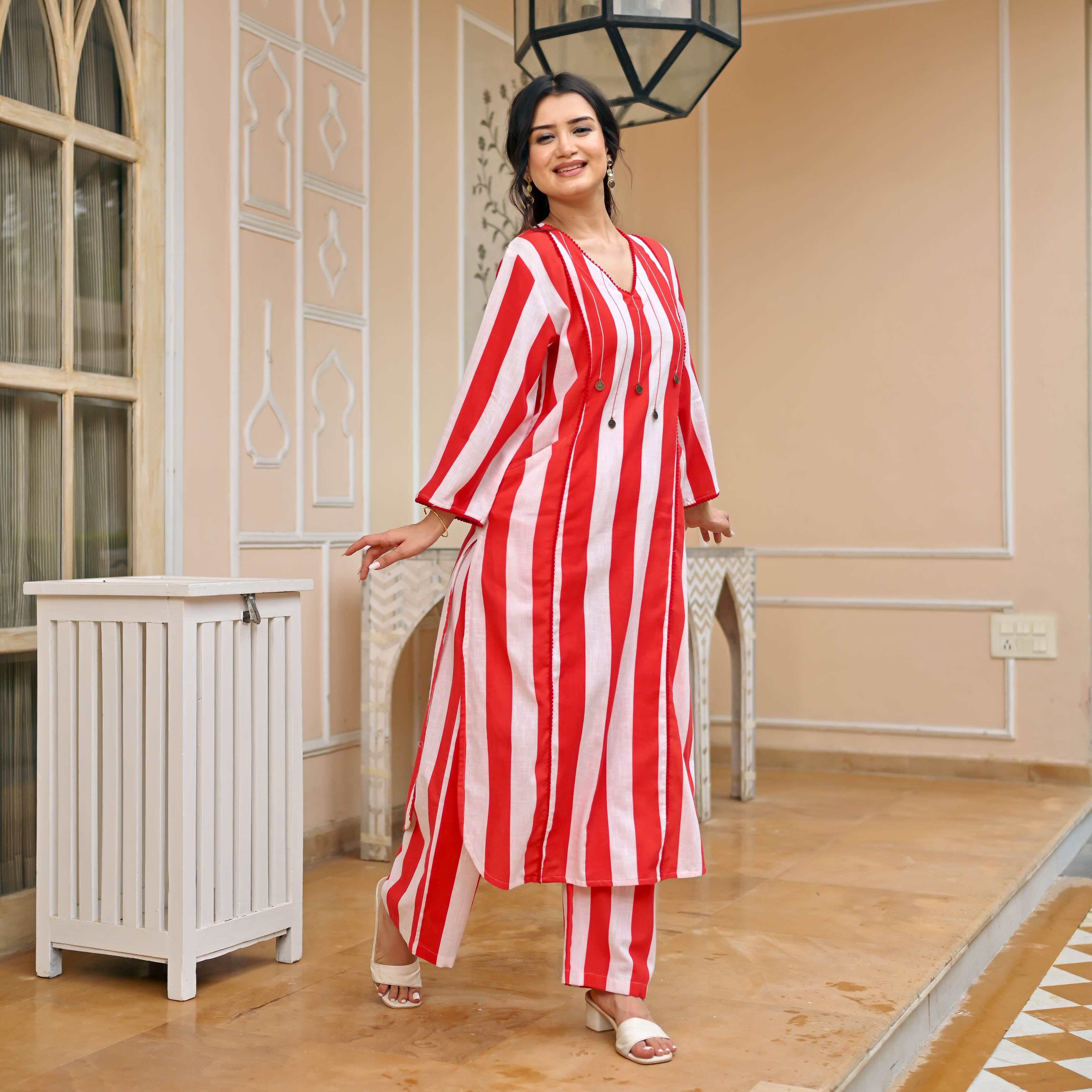 White Red Stripes Cotton Co-ord Set for Women Online