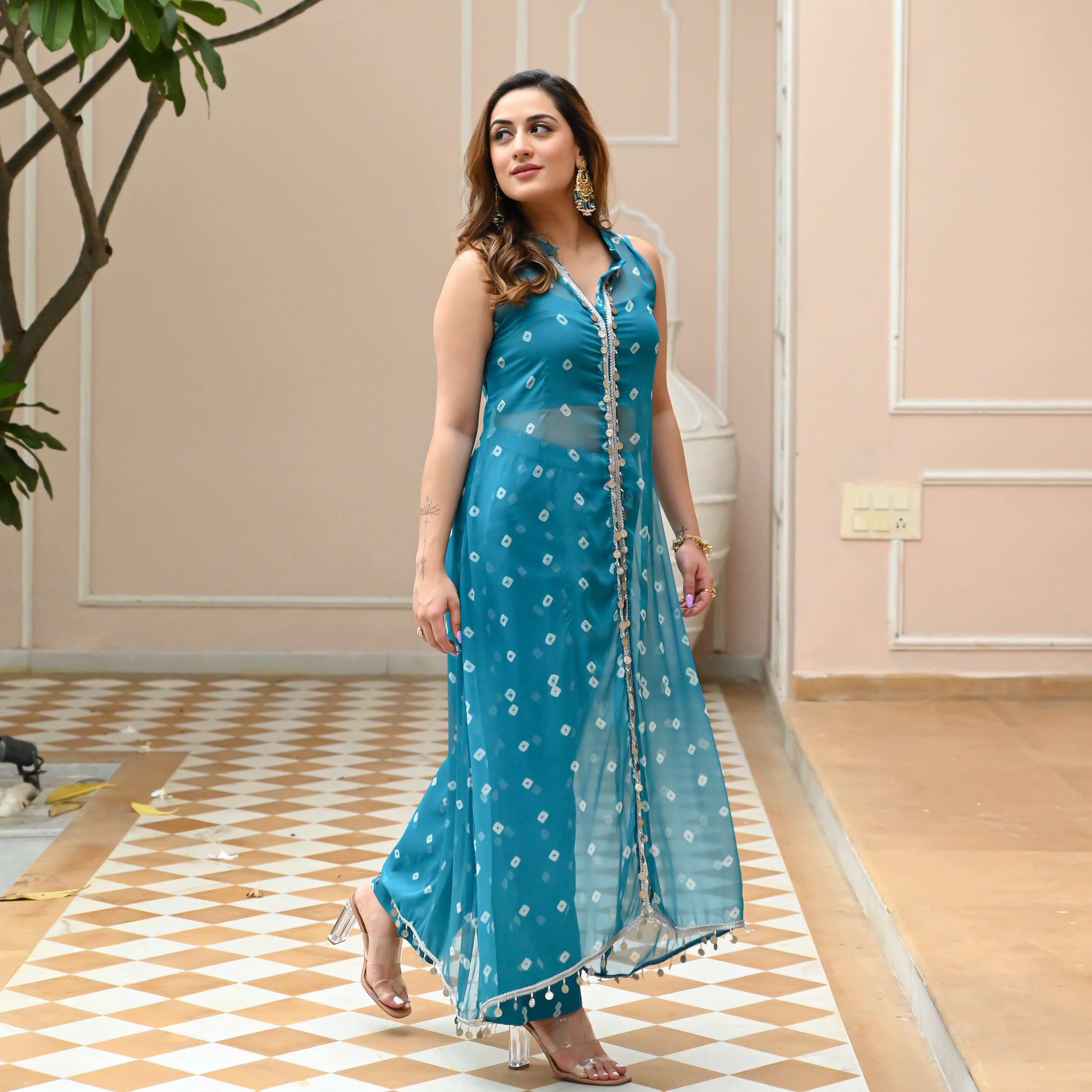 Turquoise Blue Bandhej Kurta Set for Women Online
