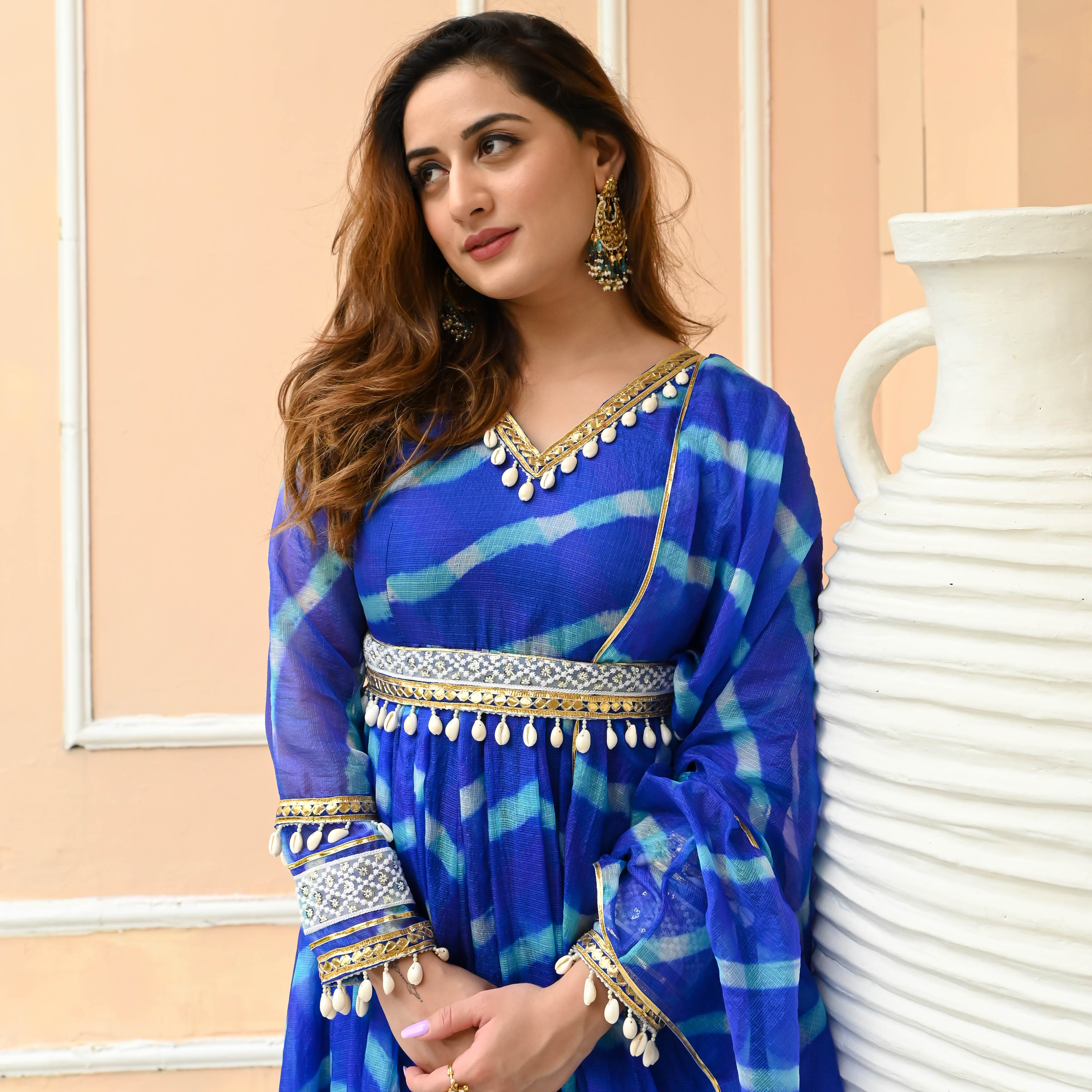 Bright Blue Leheriya Dress with Dupatta
