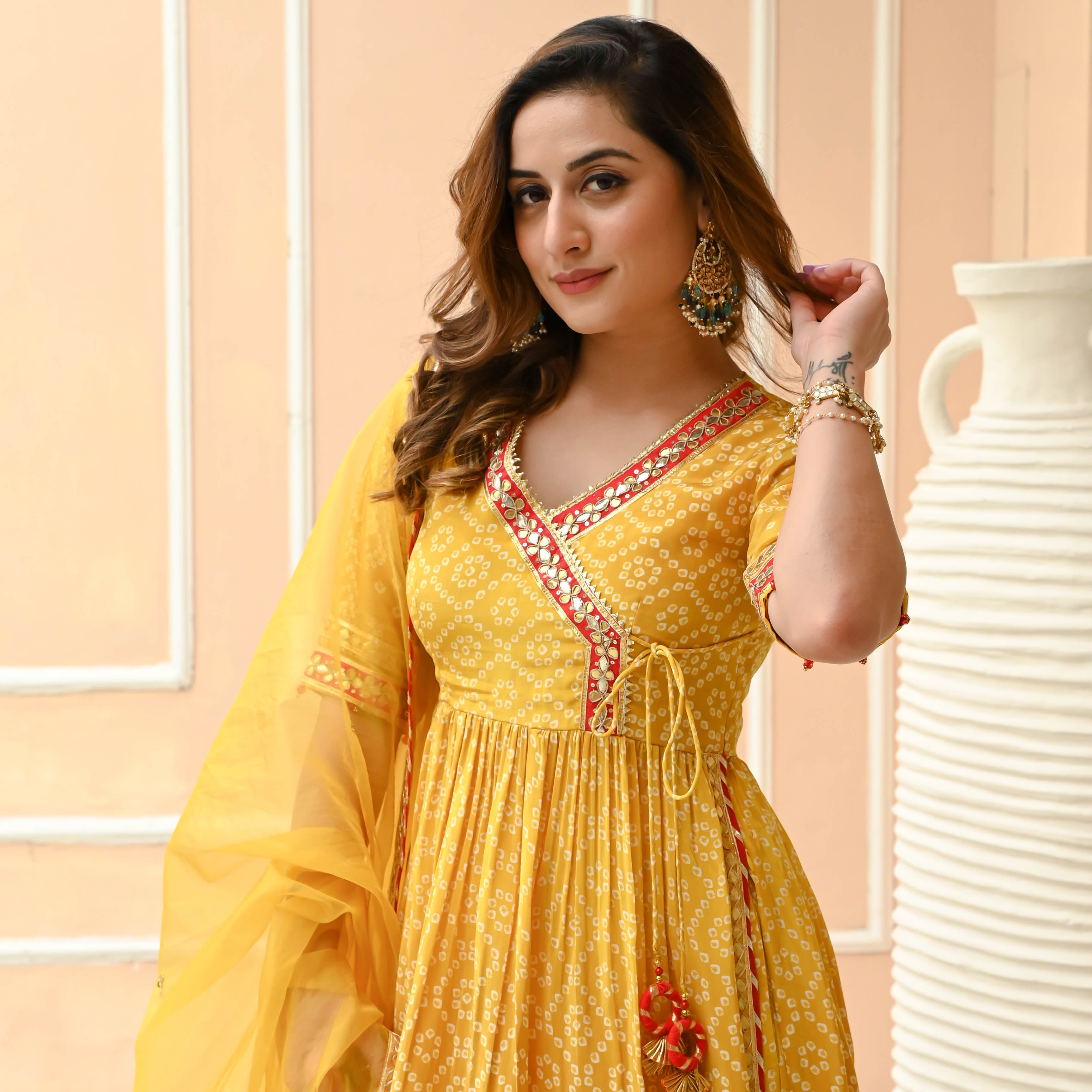 Yellow Leheriya Angrakha Style Suit with Nyra Cut for Women Online