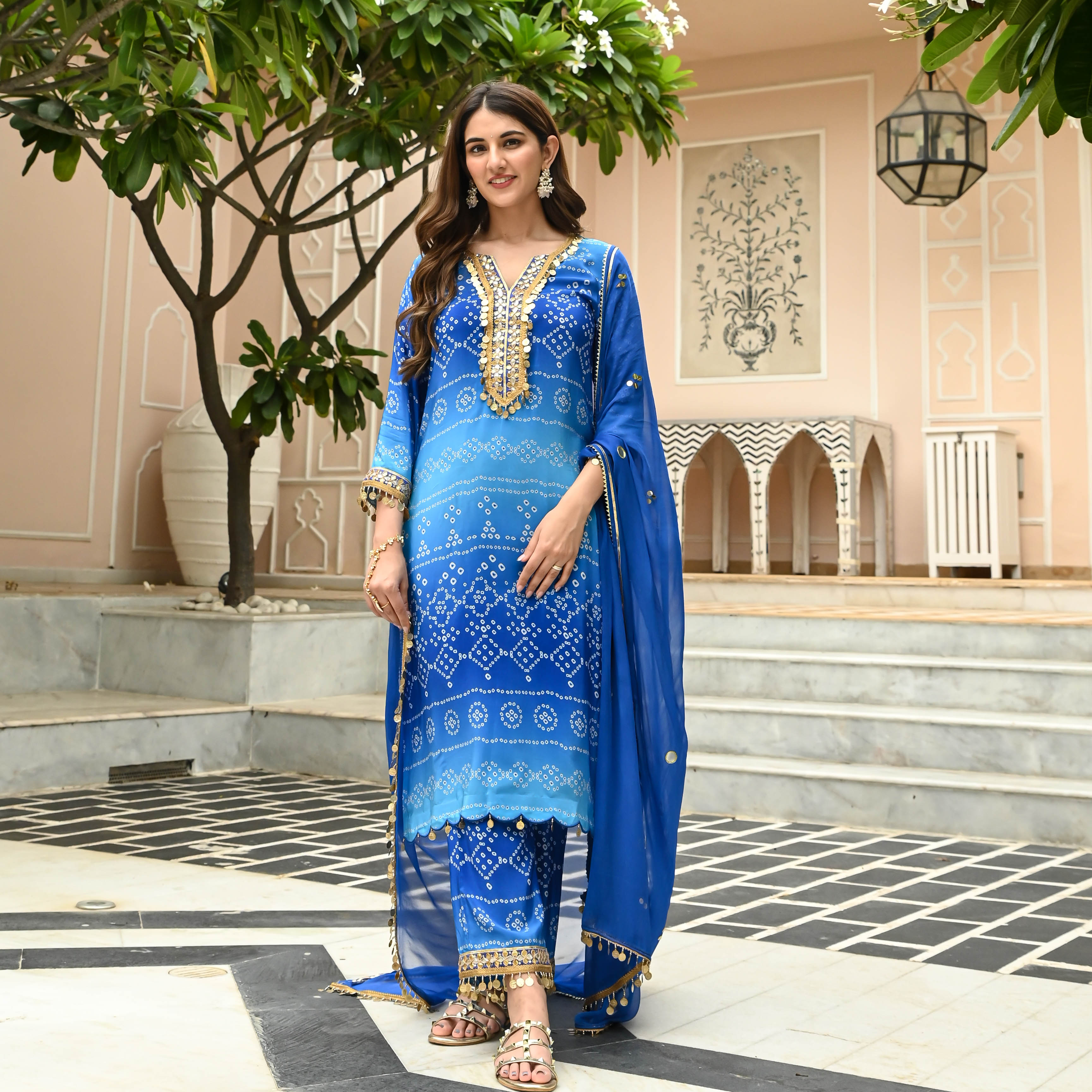 Double Shaded Blue Bandhej Suit Set for Women Online