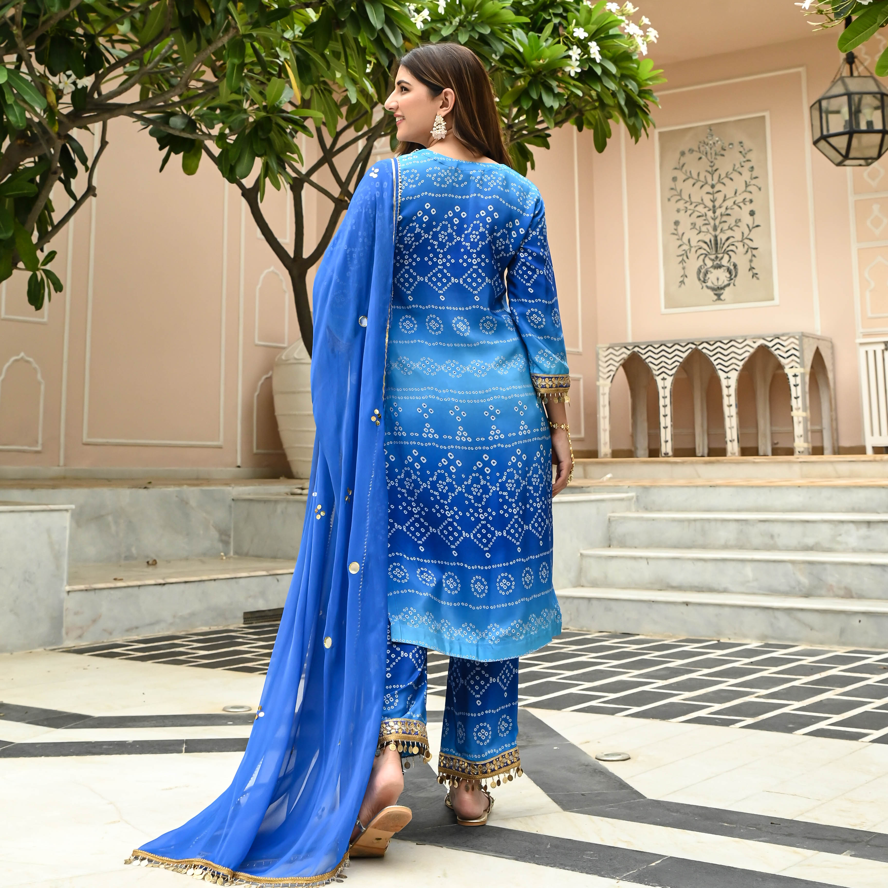 Double Shaded Blue Bandhej Suit Set for Women Online