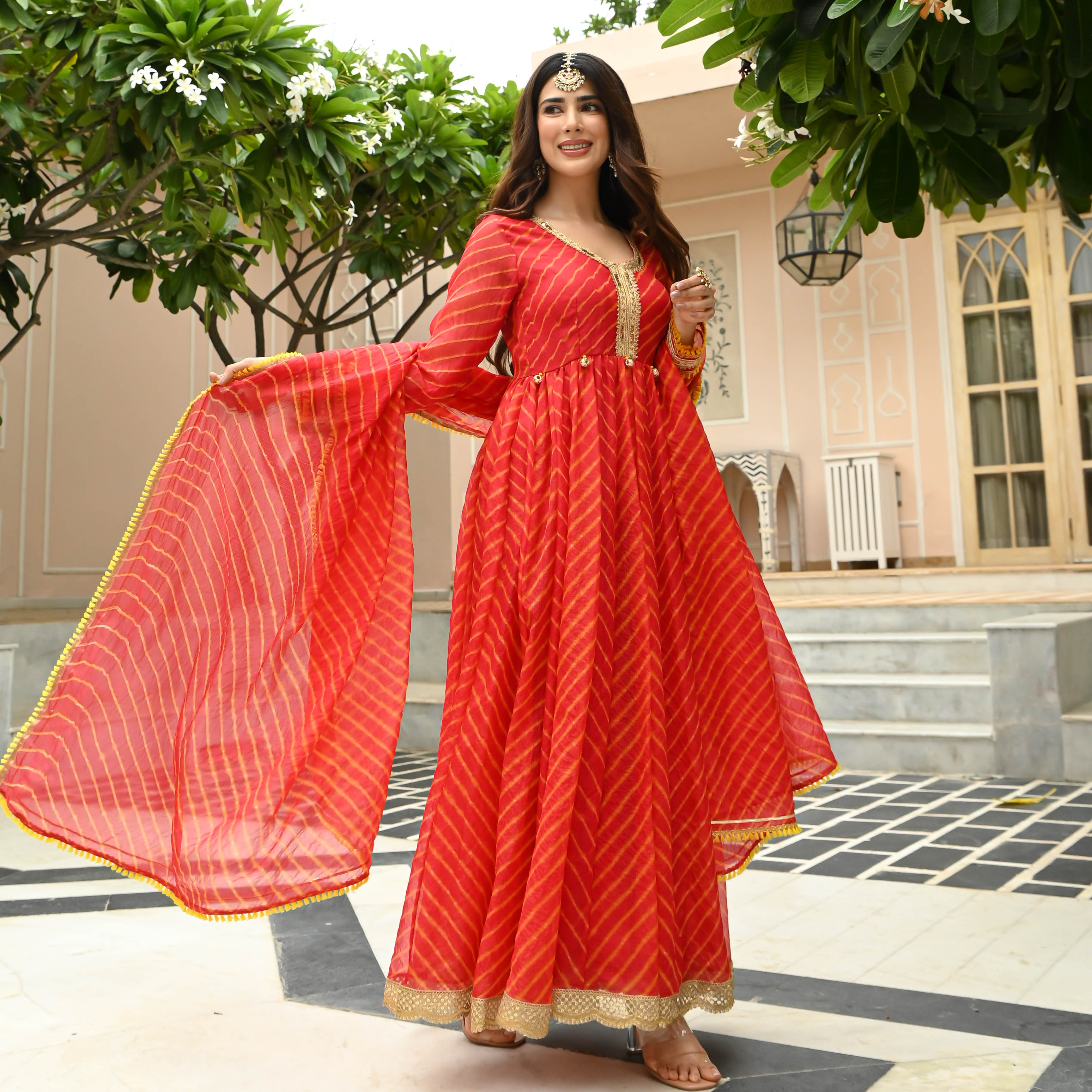 Red Leheriya Dress with Dupatta for Women Online