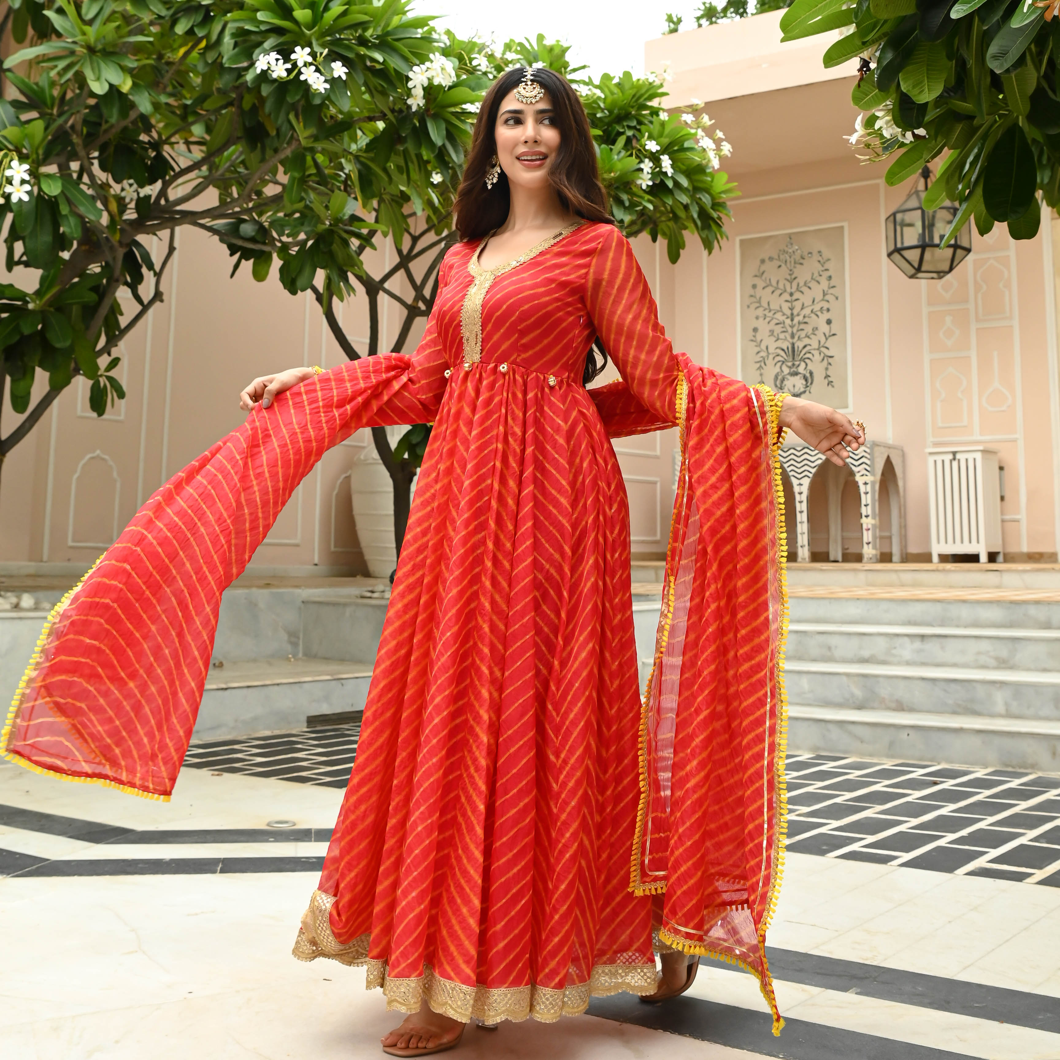 Red Leheriya Dress with Dupatta for Women Online