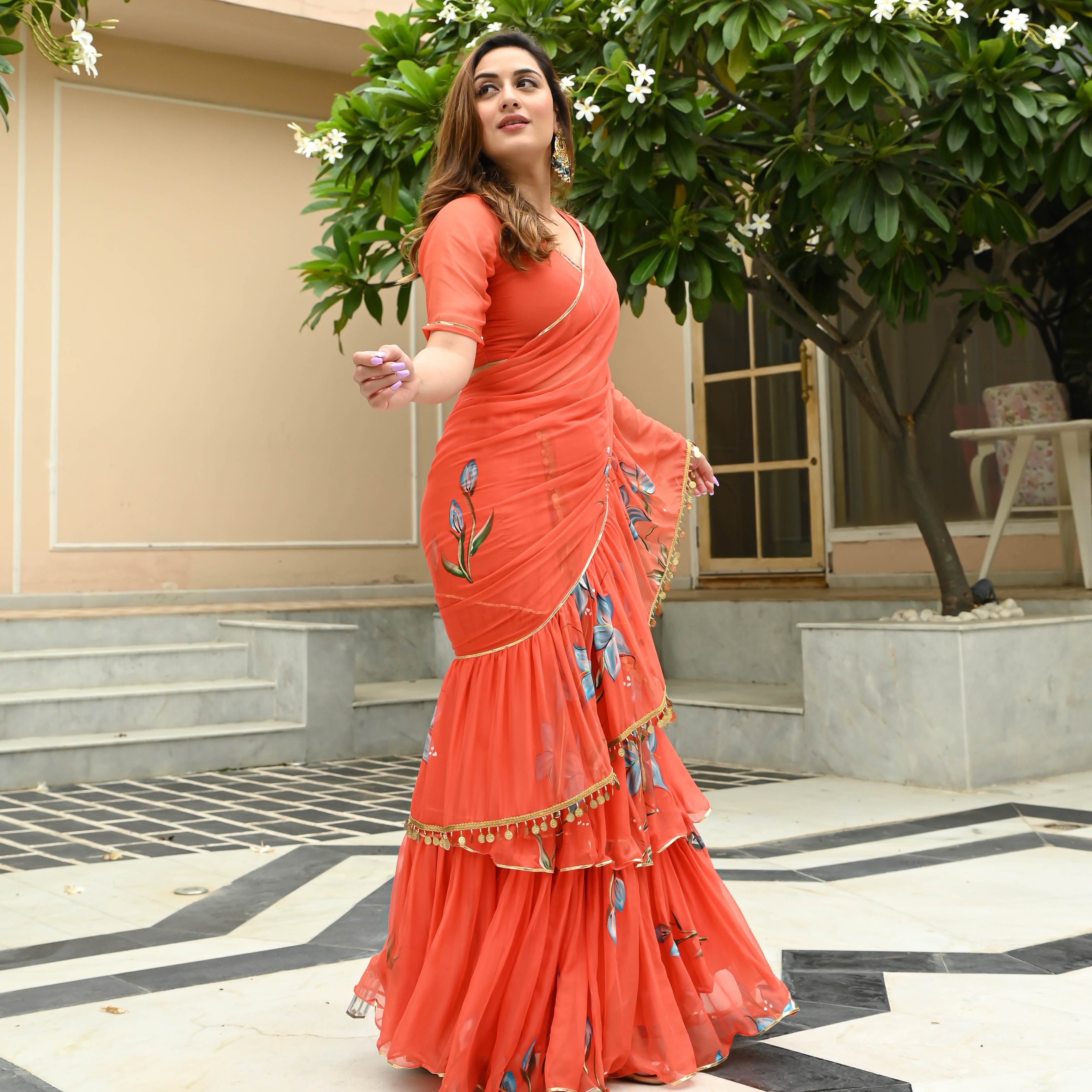 Orange Floral Handpainted Chiffon Saree for Women Online