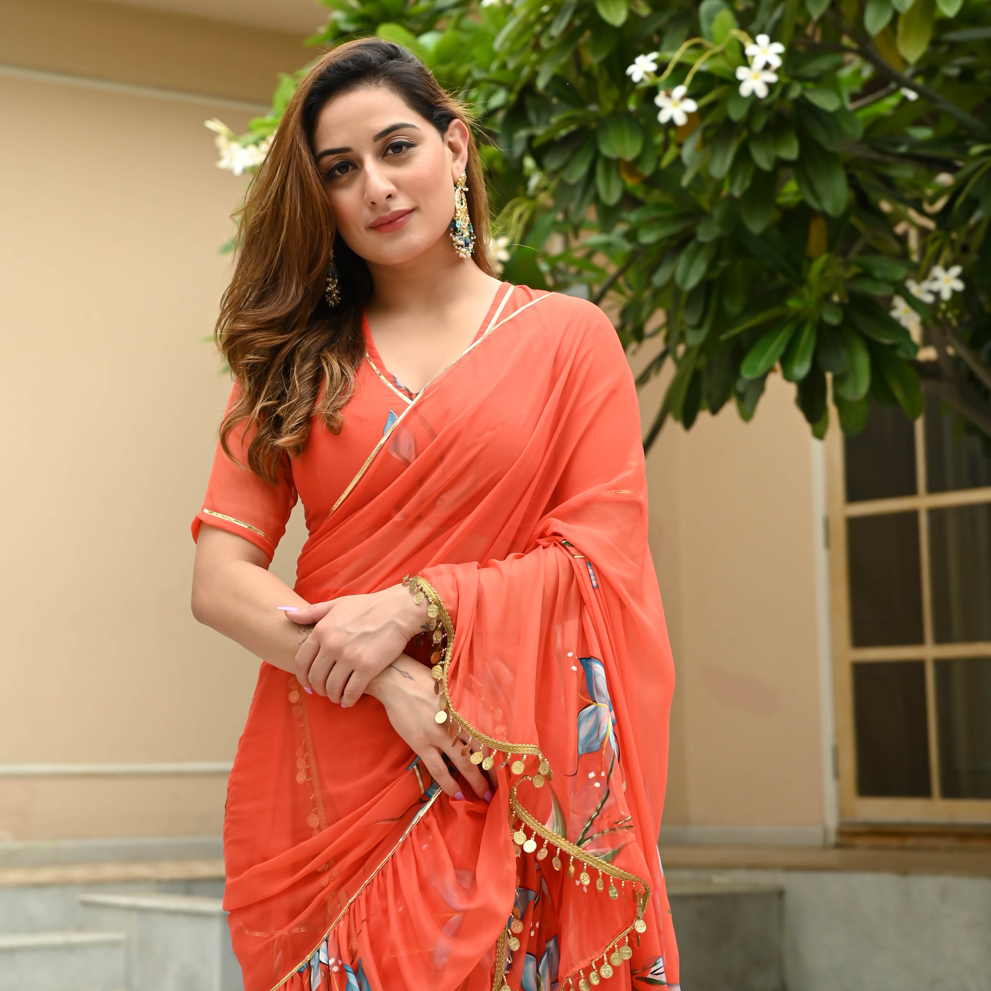 Orange Floral Handpainted Chiffon Saree for Women Online