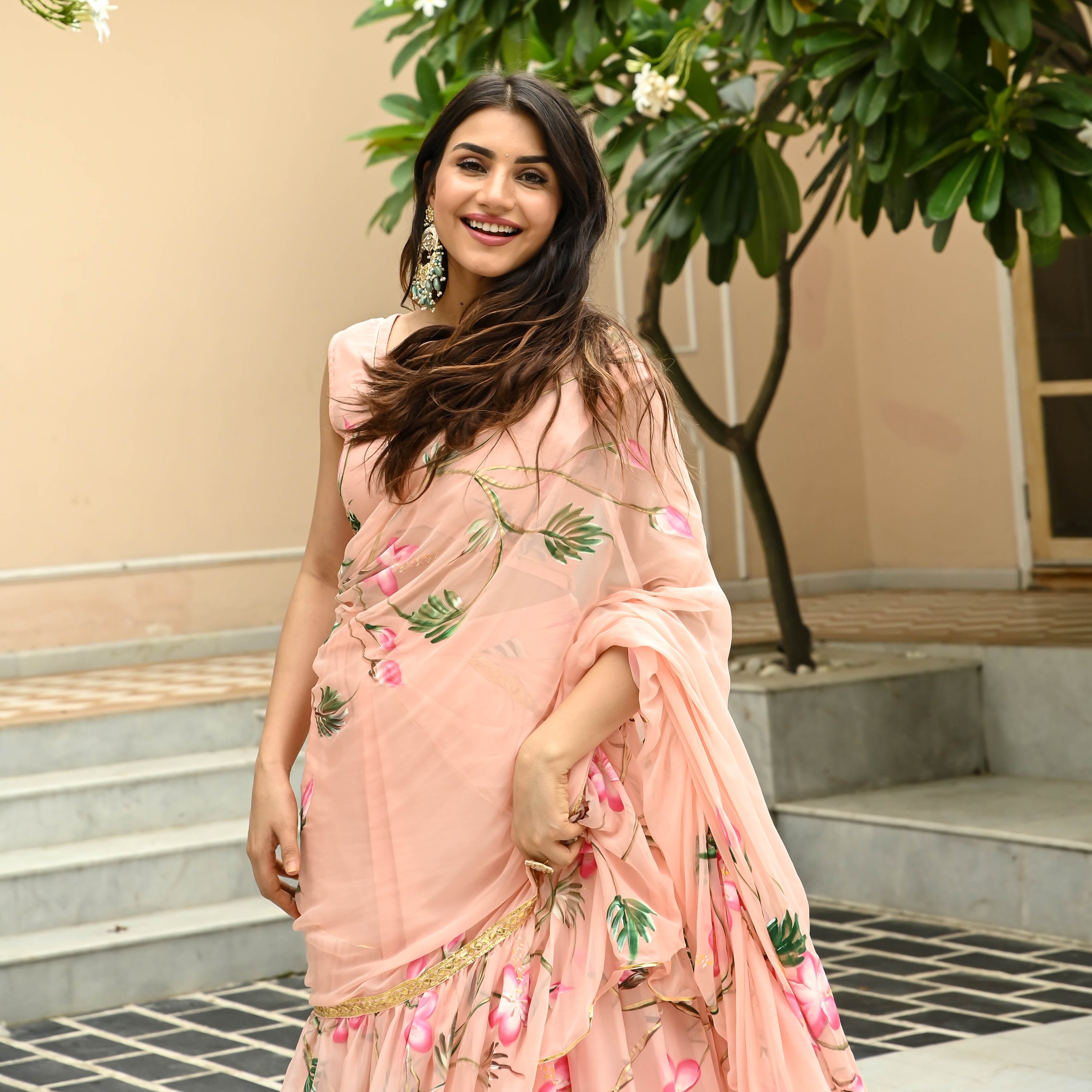 Peach Floral Handpainted Saree for Women Online