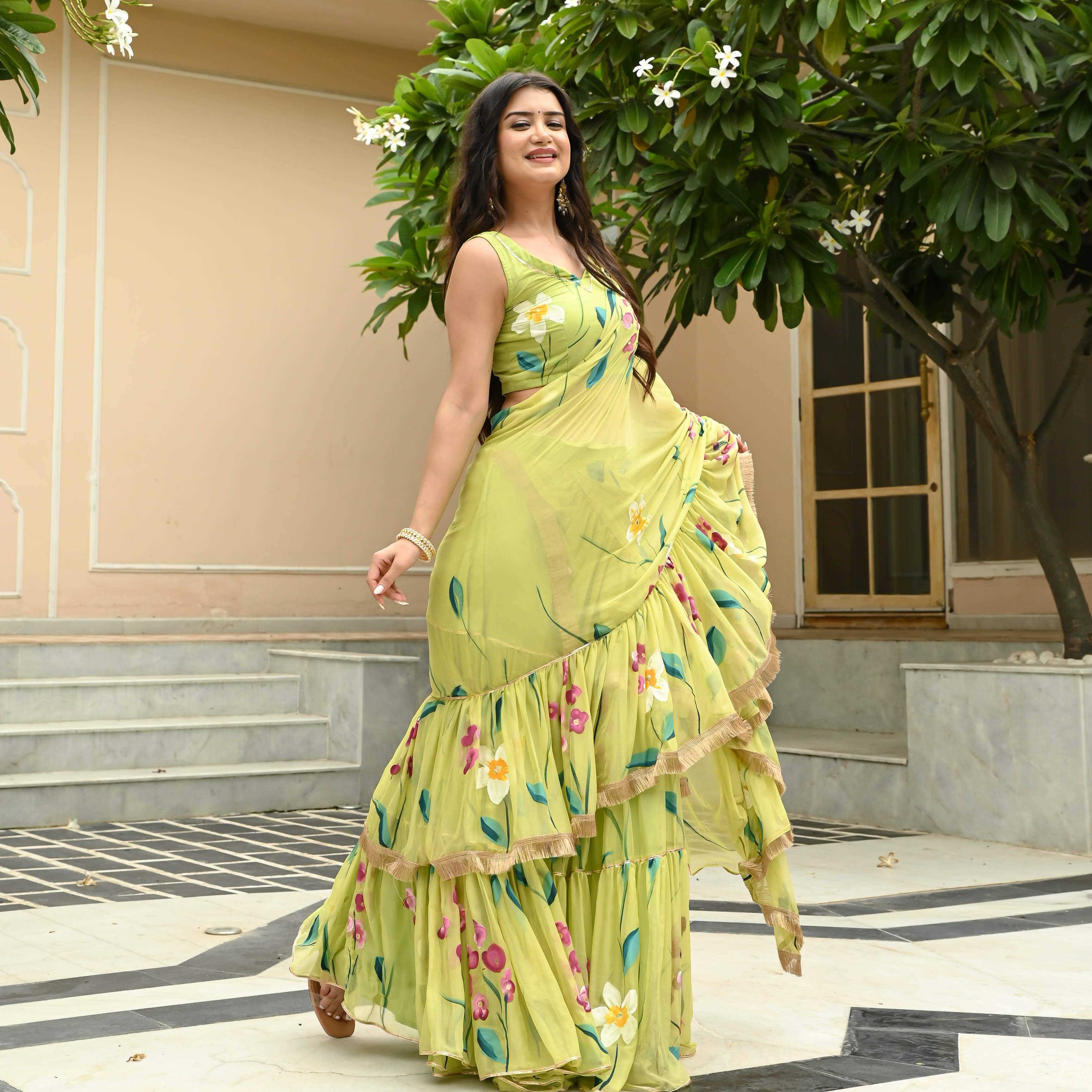 Muted Lime Draped Saree with Blouse