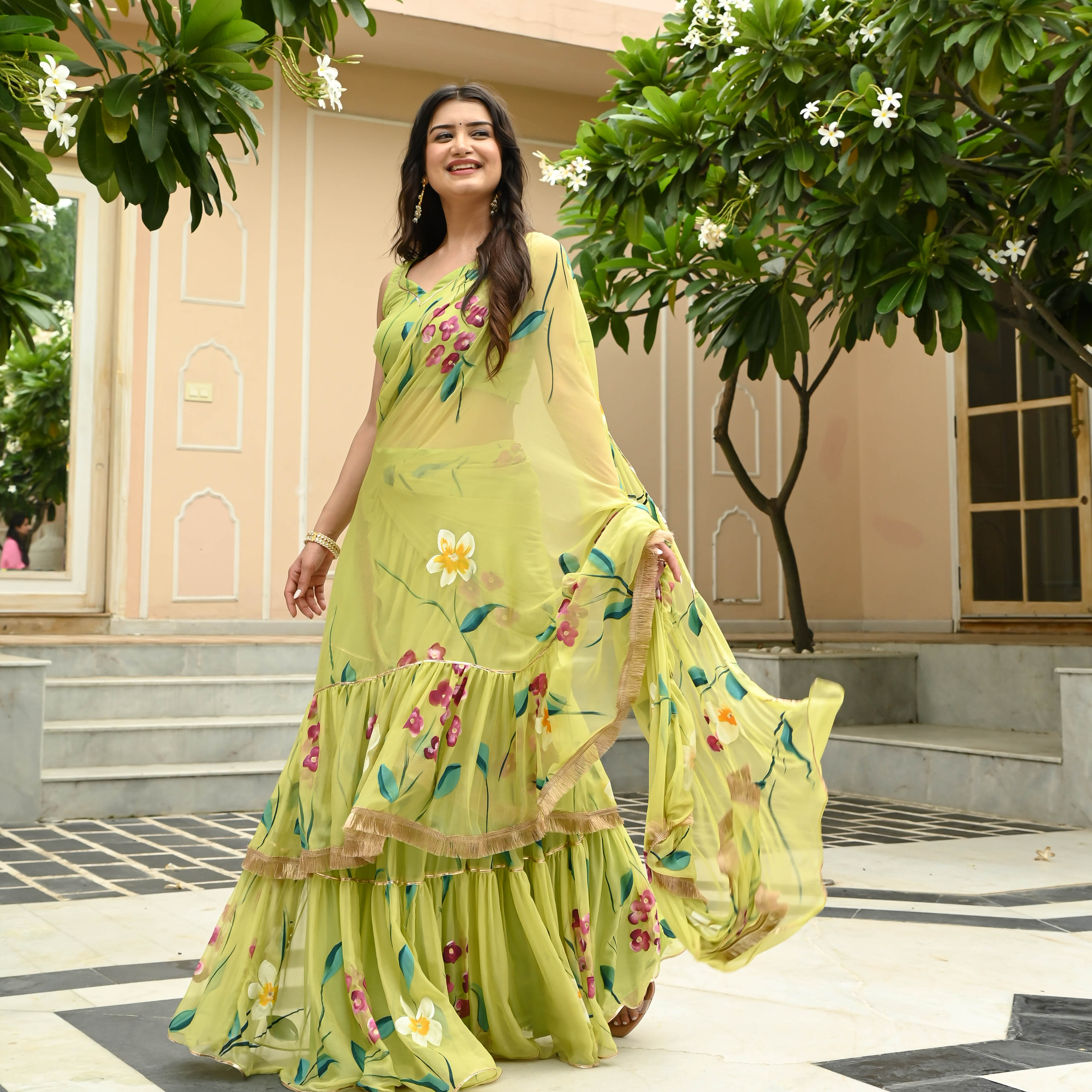 Muted Lime Green Handpainted Draped Chiffon Saree with Blouse Online