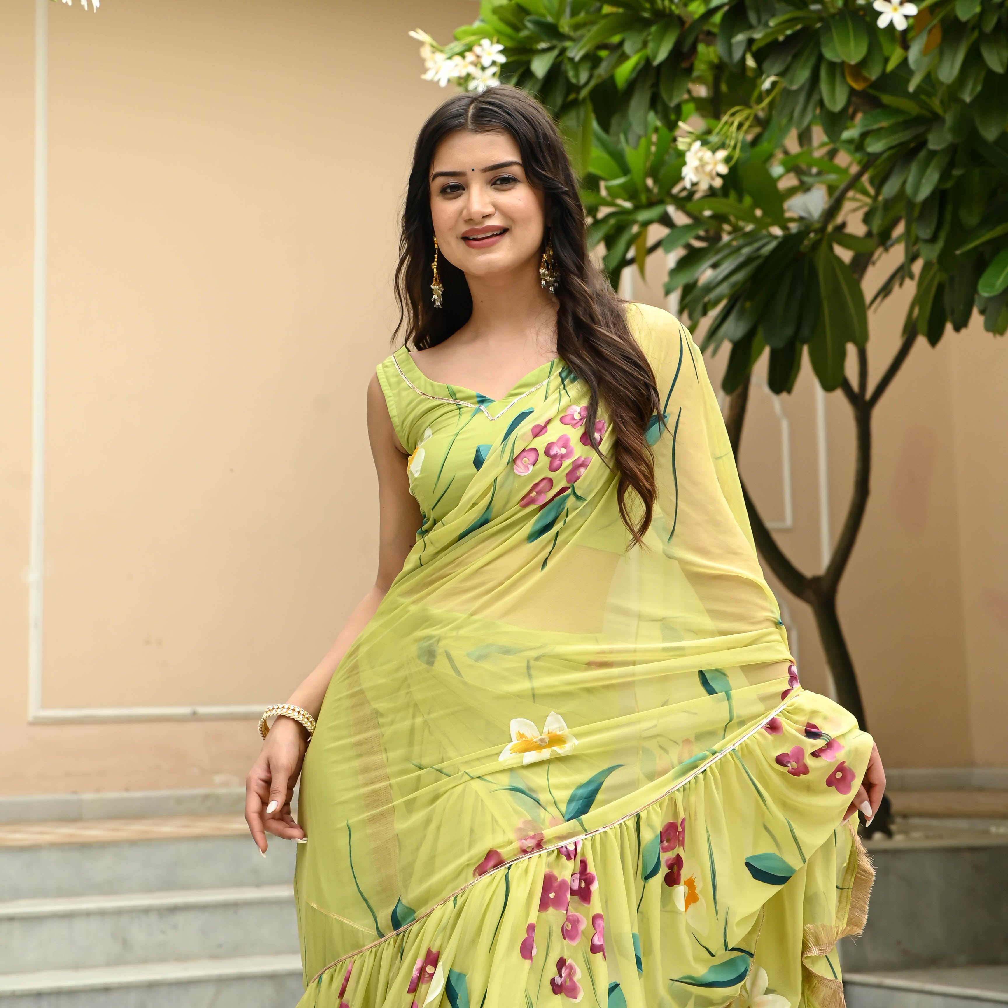Muted Lime Green Handpainted Draped Chiffon Saree with Blouse Online