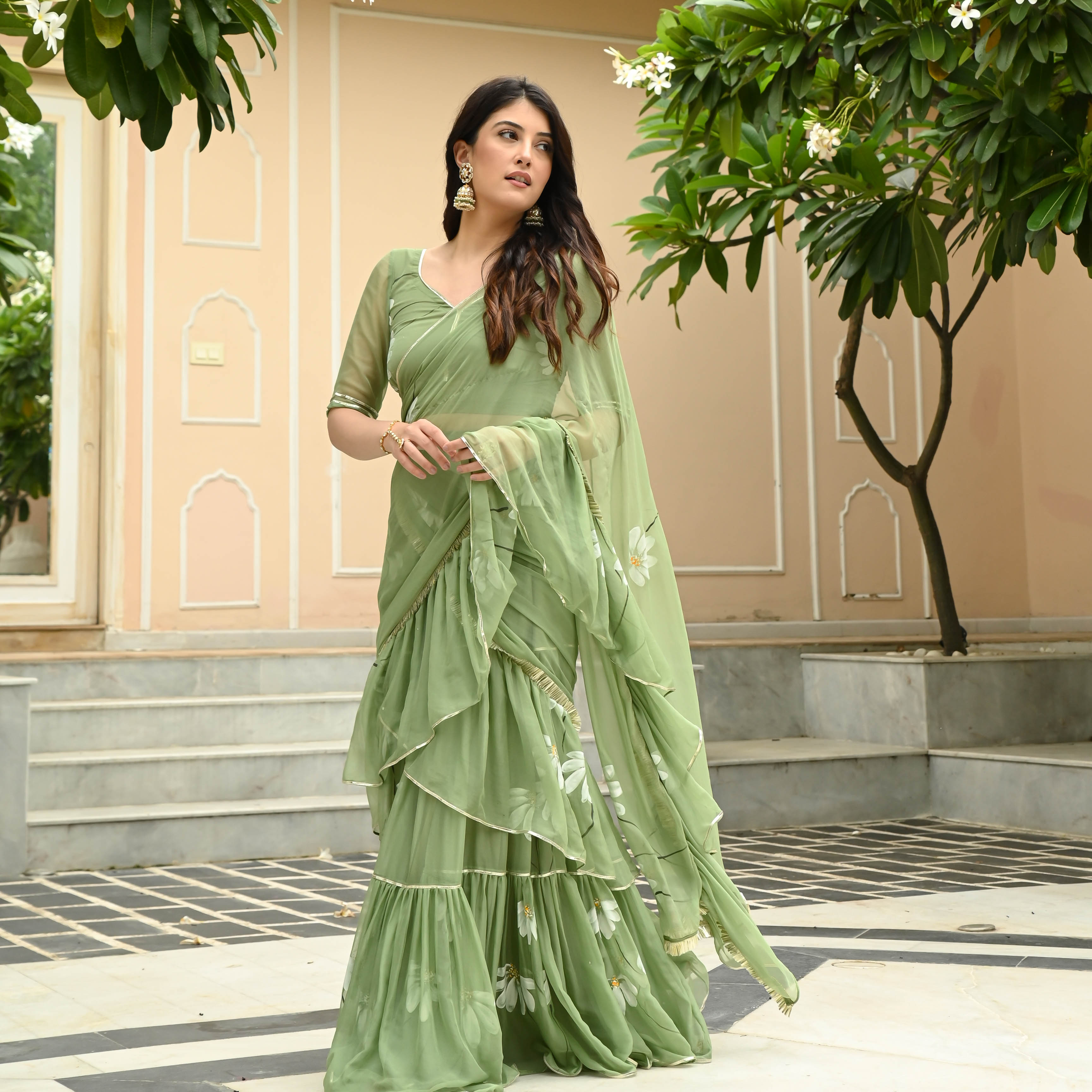 Olive Green Handpainted Saree for Women Online