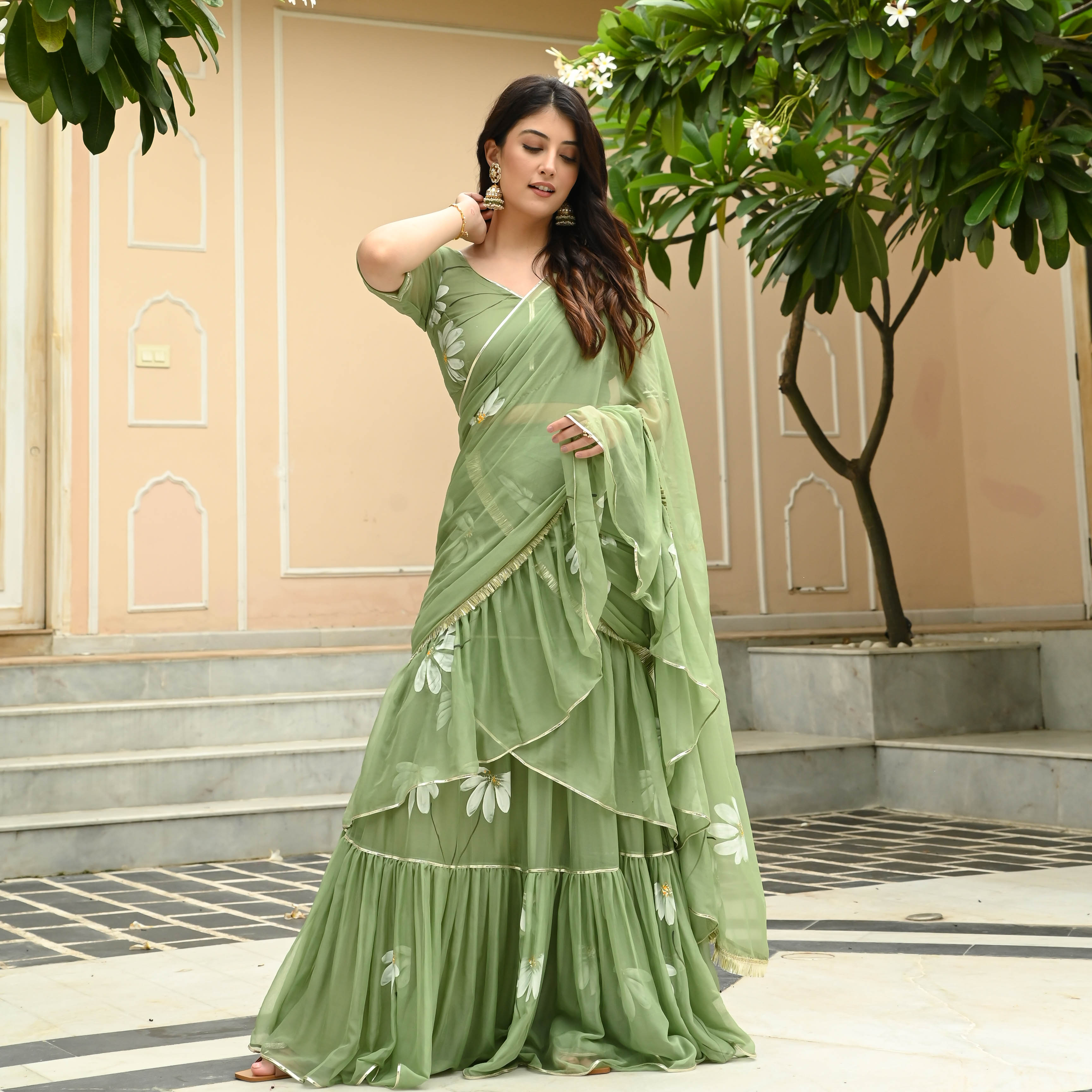 Daisy Olive Green Handpainted Draped Chiffon Saree with Blouse Online