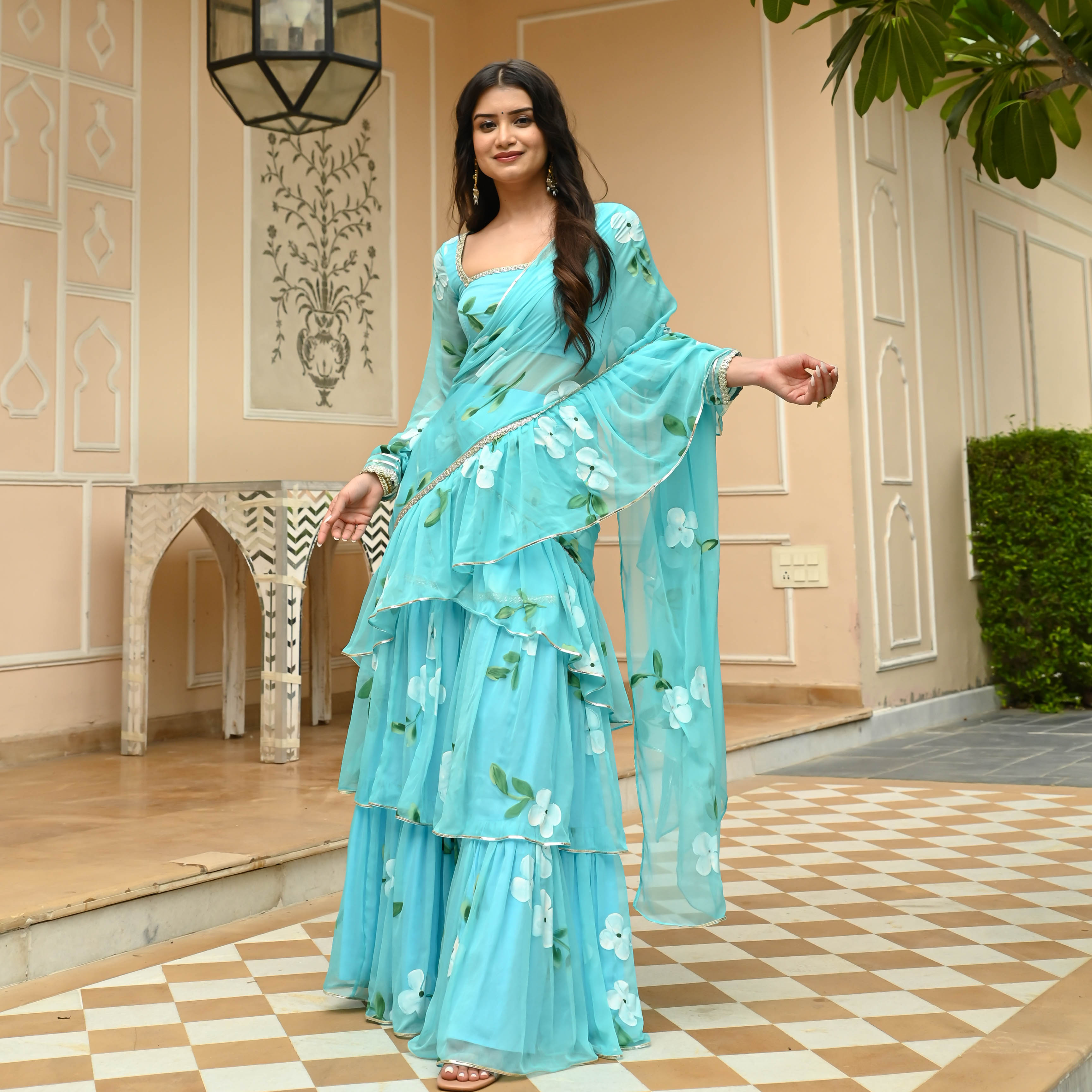 Blue Handpainted Draped Saree for Women Online