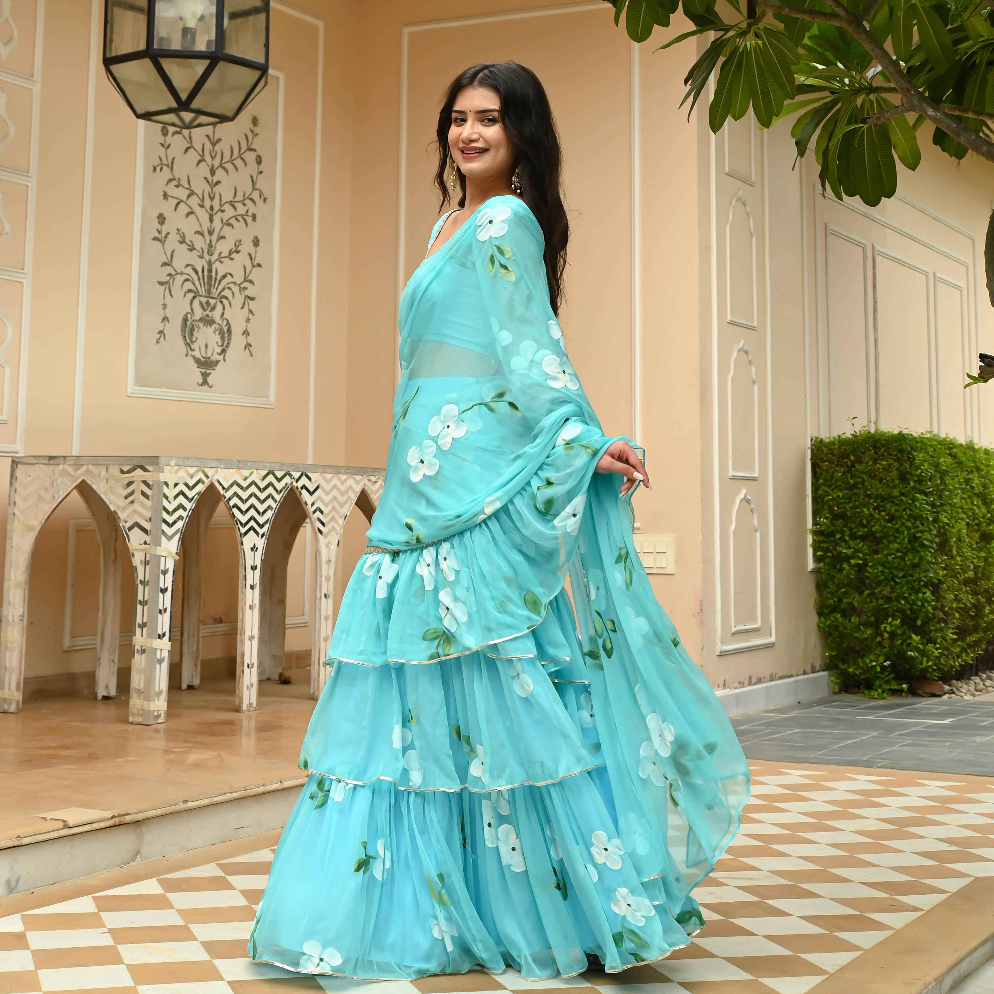 Blue Handpainted Draped Saree for Women Online