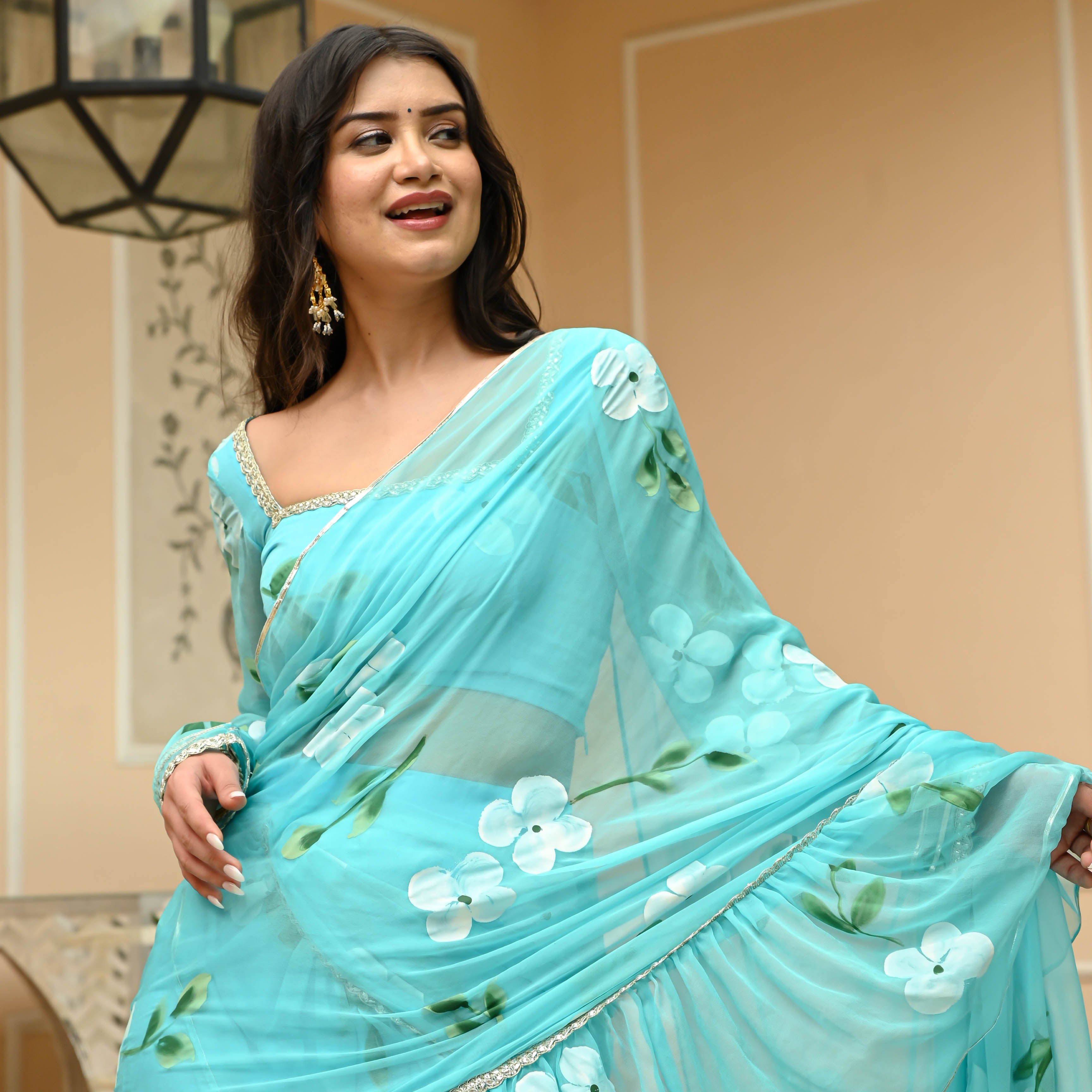 Aqua Blue Mist Handpainted Draped Chiffon Saree with Blouse Online