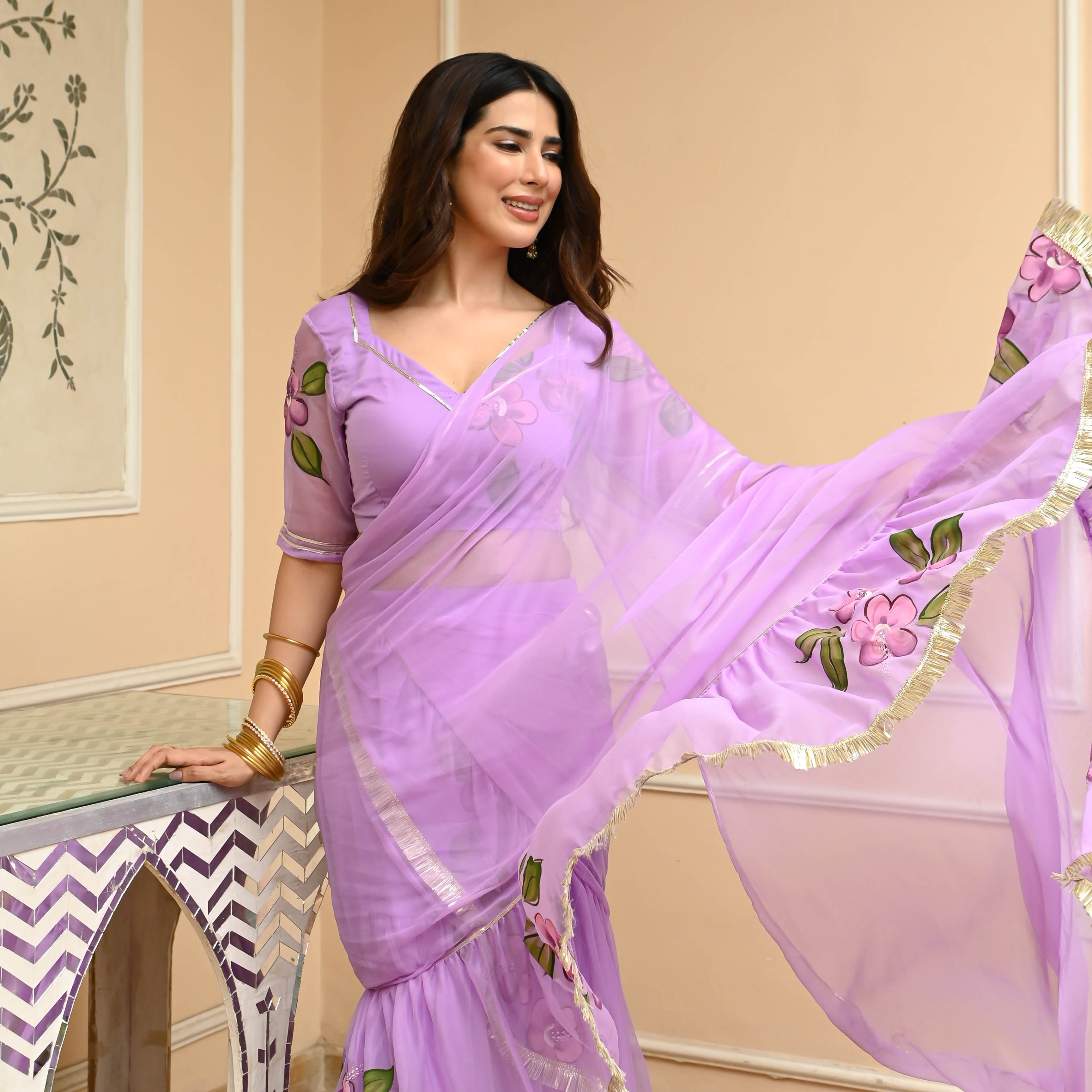 Lilac Draped Handpainted Saree for Women Online