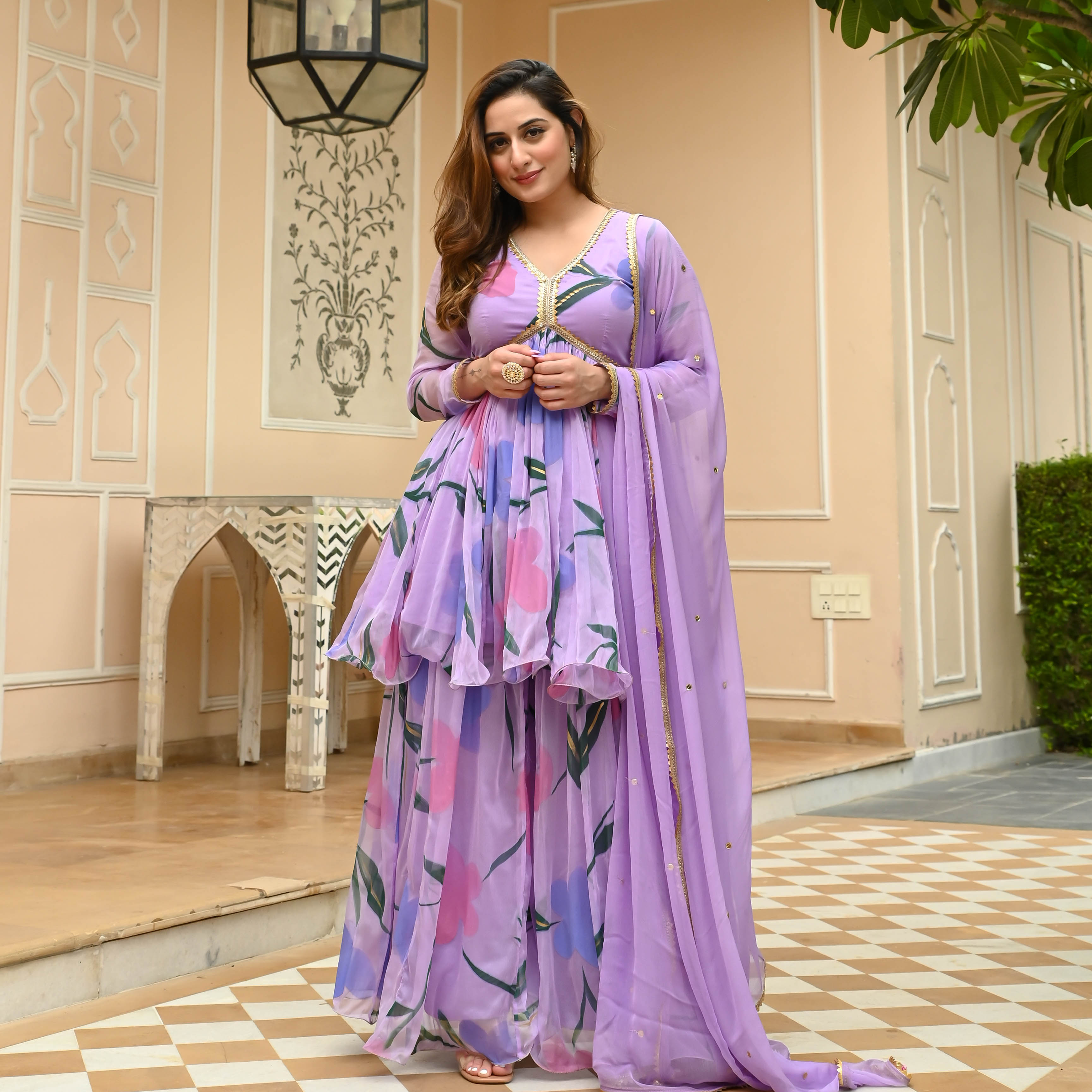 Lilac Handpainted Sharara Set for Women Online