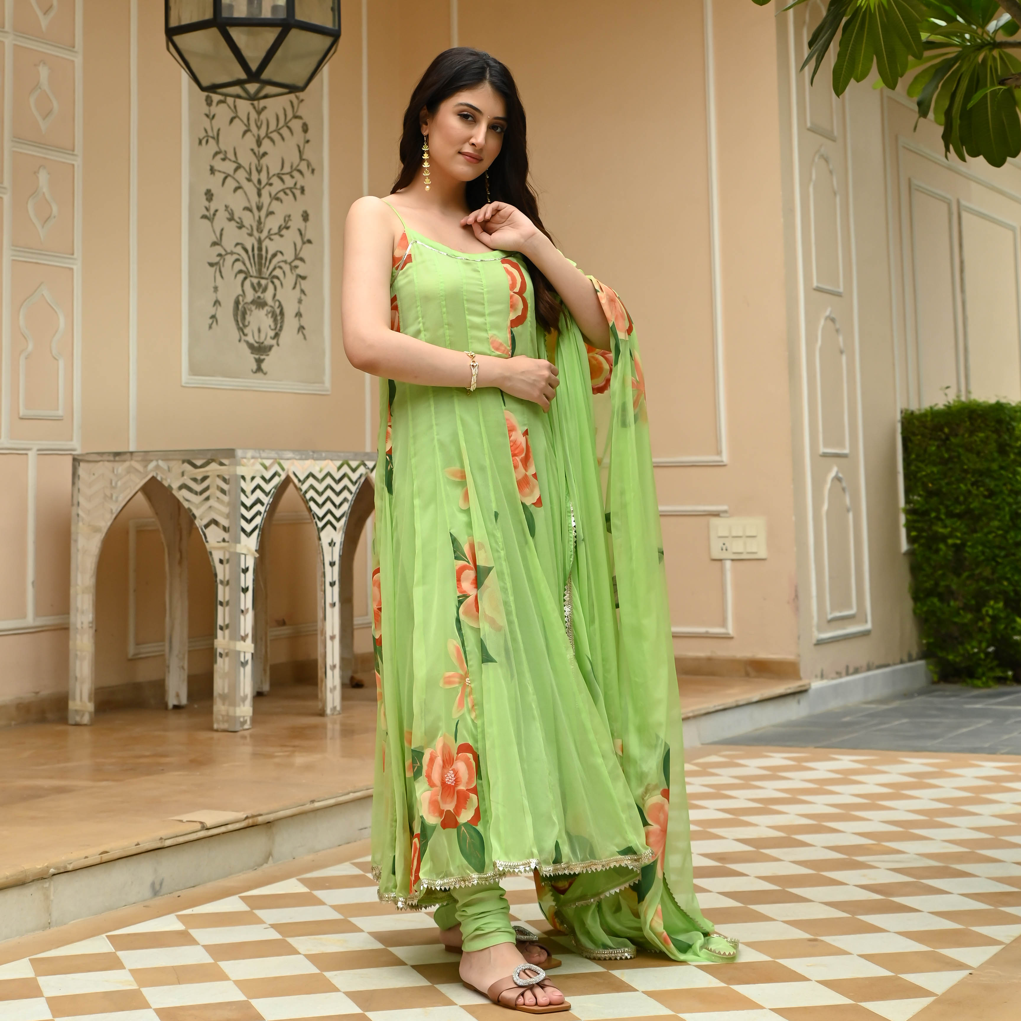 Floral Green Handpainted Anarkali Suit Set for Women Online