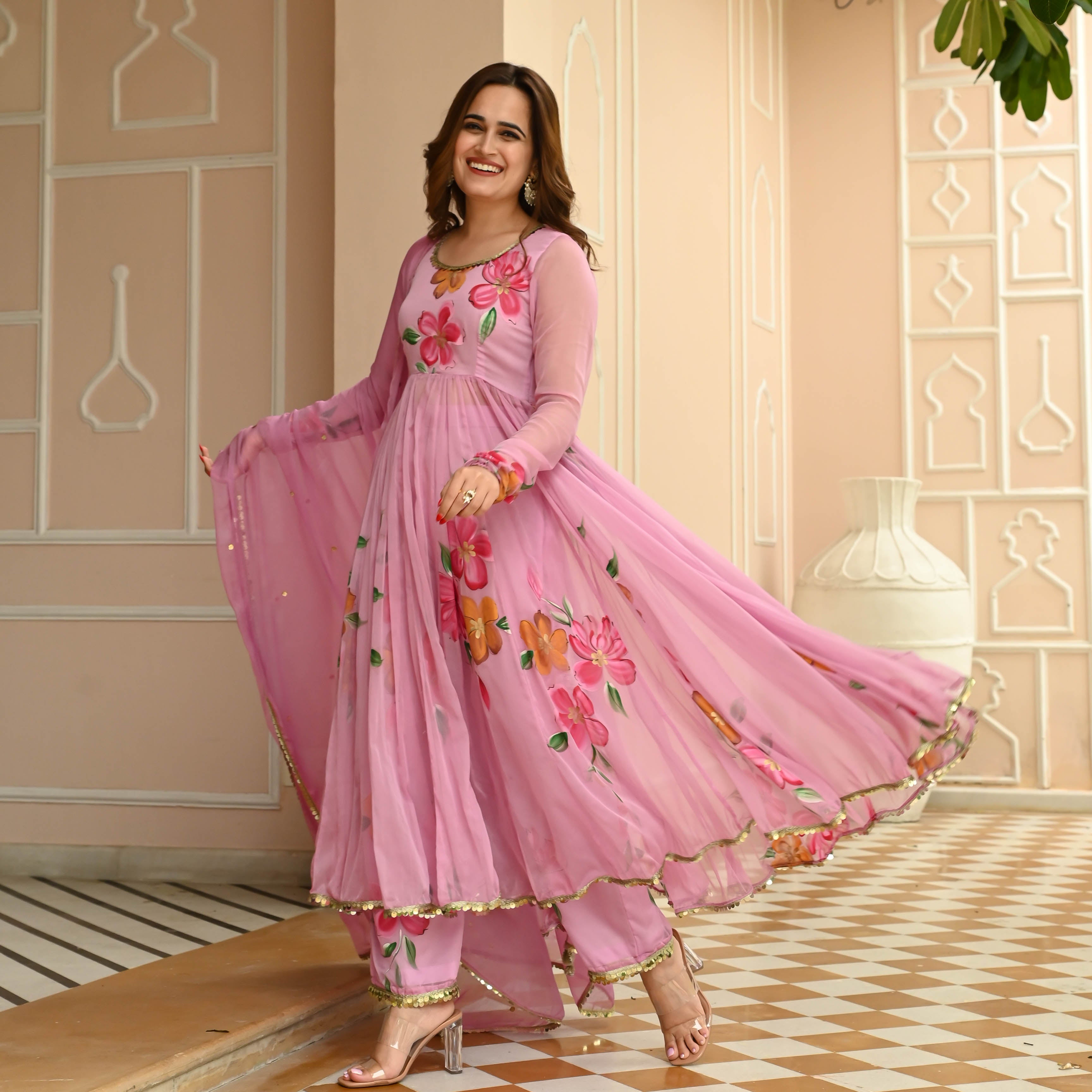 Sugar Pink Chiffon Handpainted Anarkali Suit Set For Women Online