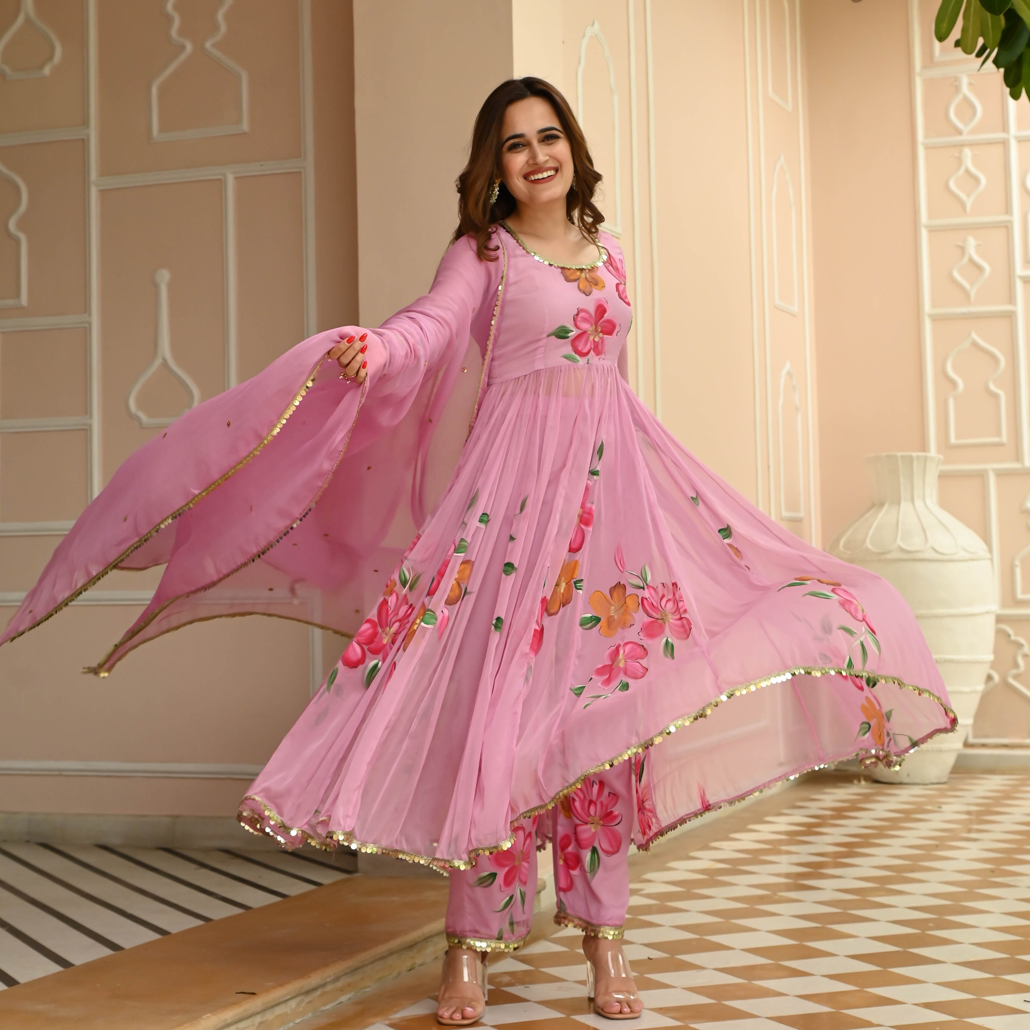 Pink Handpainted Chiffon Anarkali Suit Set for Women Online