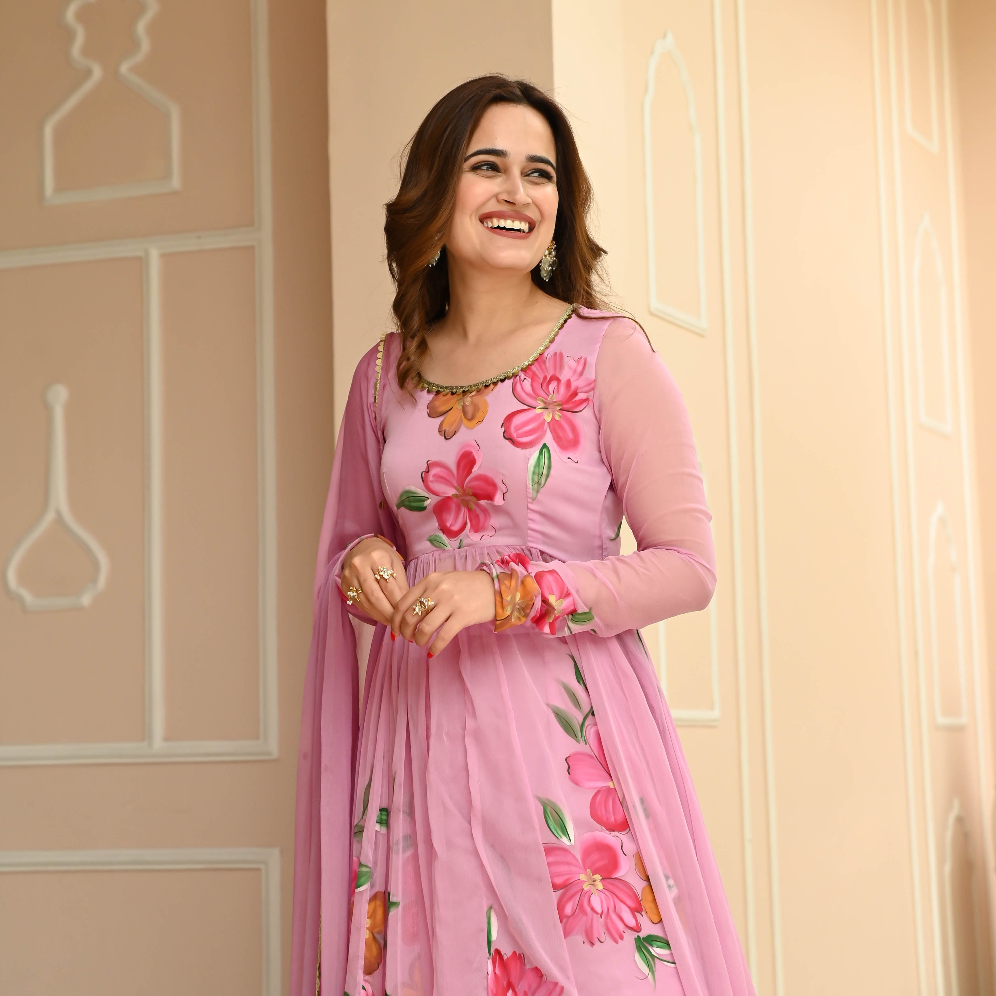 Pink Handpainted Chiffon Anarkali Suit Set for Women Online