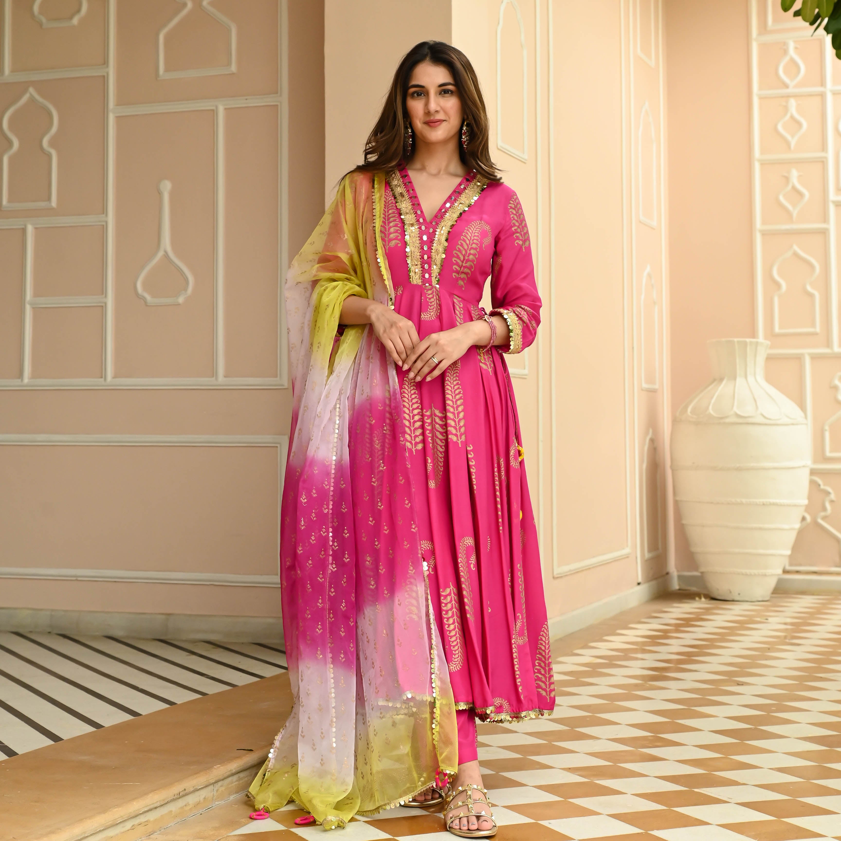 Hot Pink Gold Handblock V Neck Designer Cotton Suit Set For Women Online