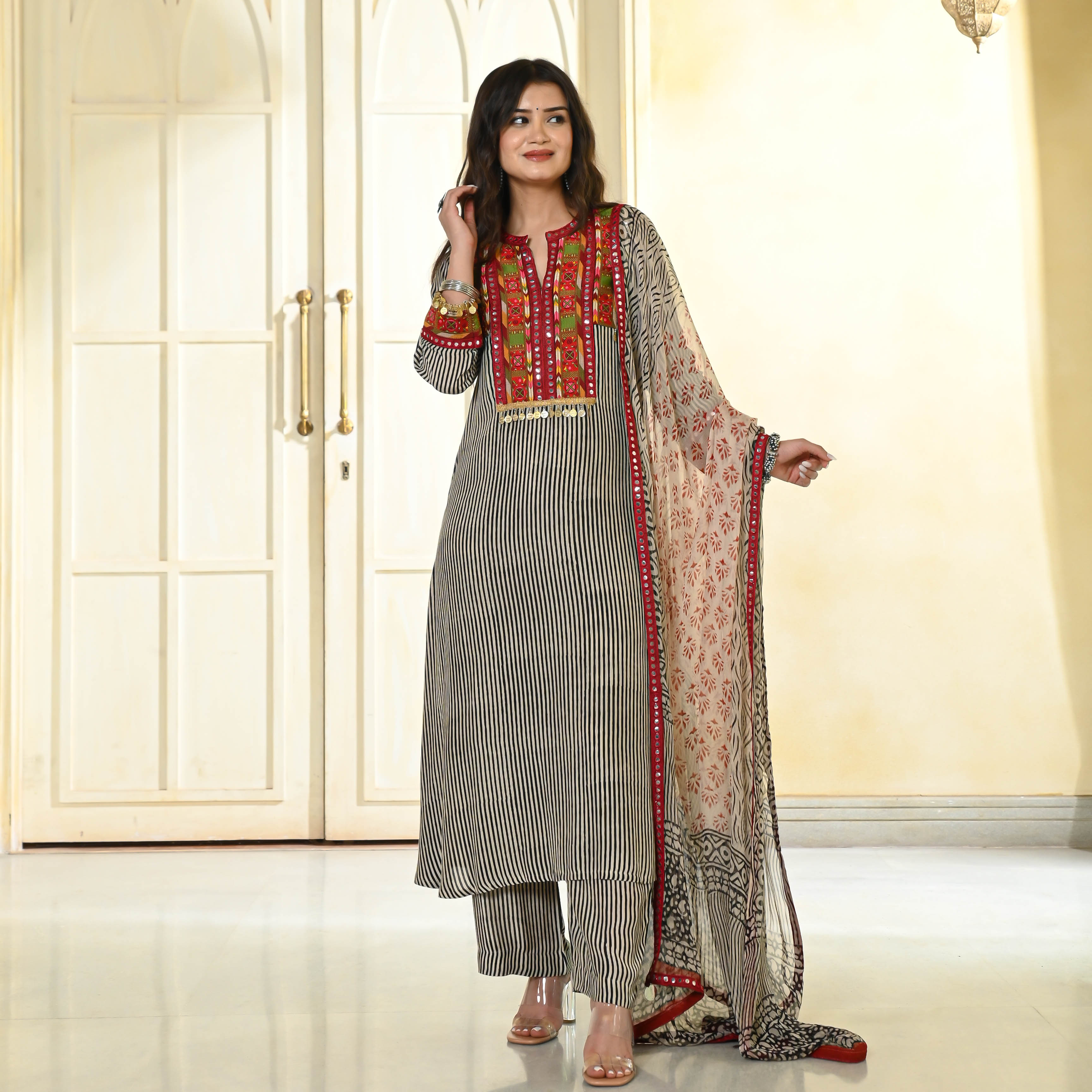 Lines Natural Dye Designer Cotton Suit Set For Women Online