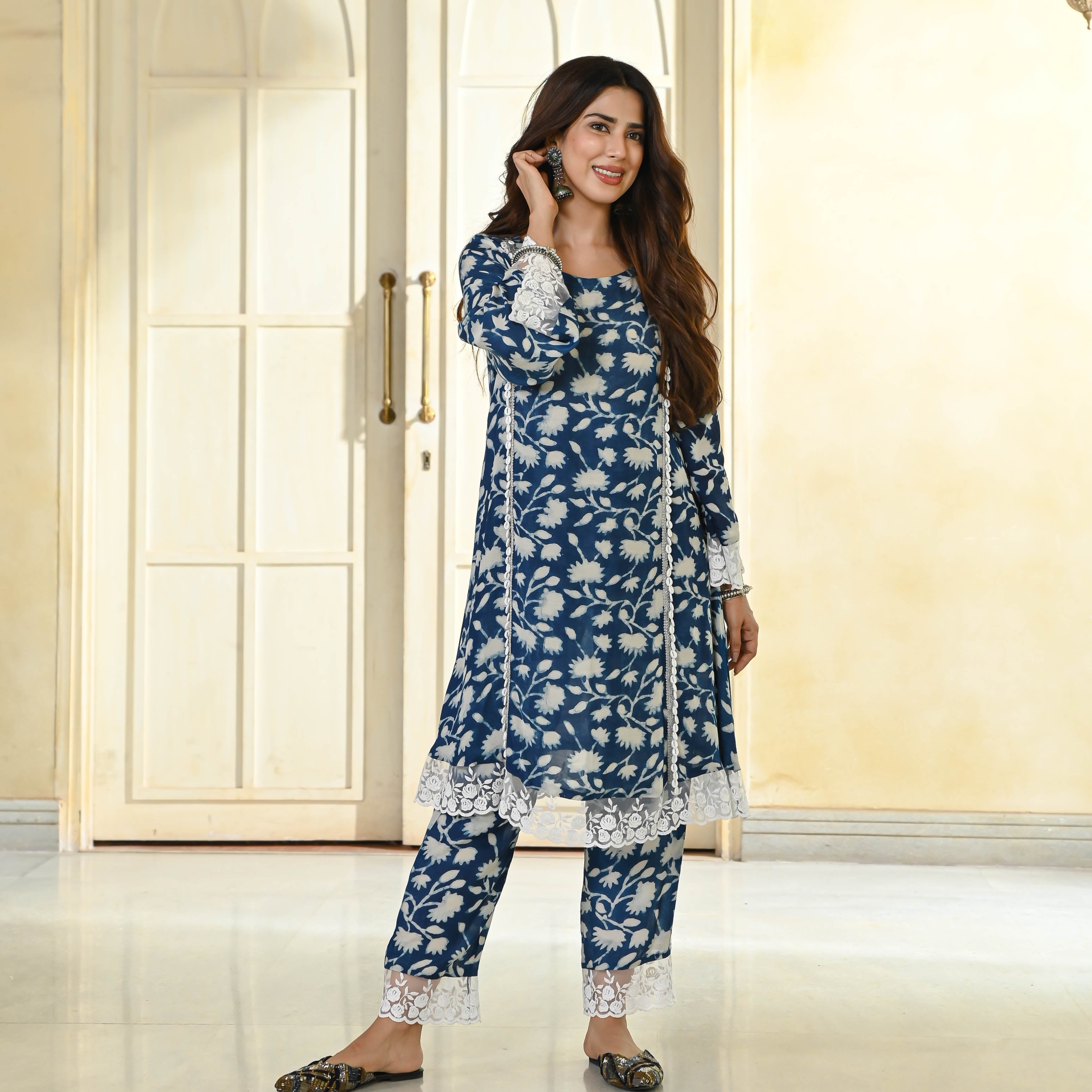 Floral Indigo Dye Designer Cotton Silk Kurta Set For Women Online