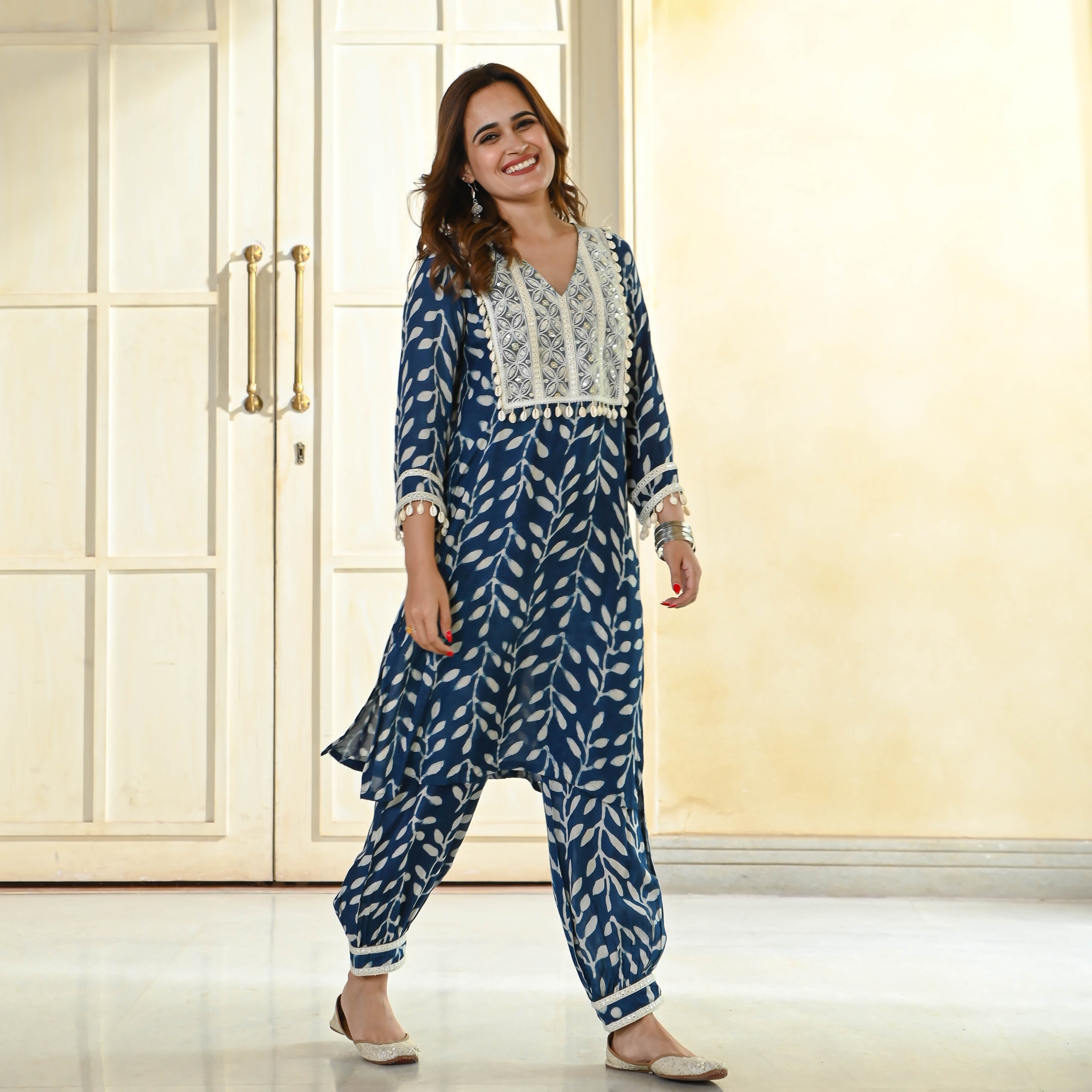 Leaf Indigo Dye Designer Cotton Silk Kurta Set For Women Online