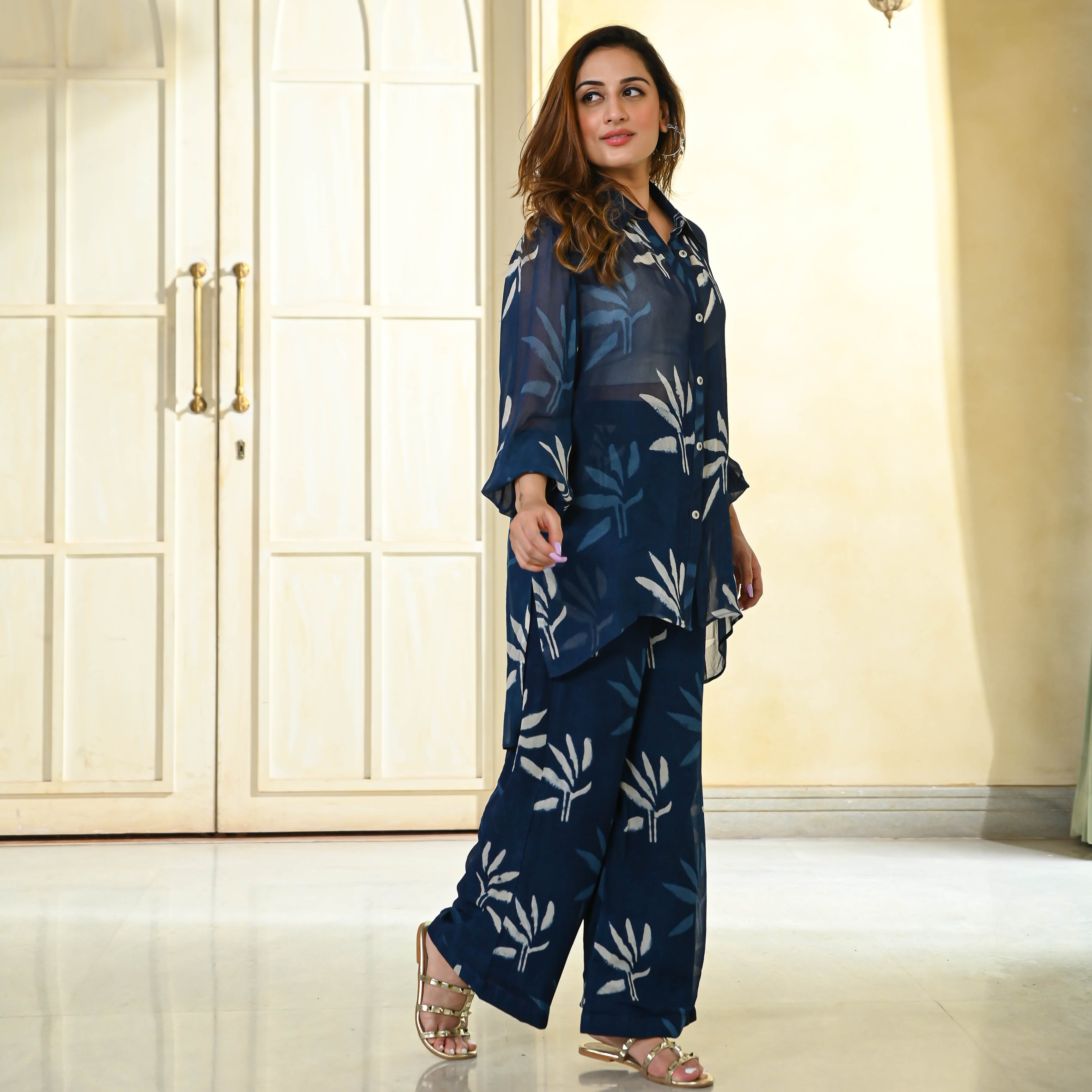 Georgette Blue Indigo Dyed Co-ord Set for Women Online