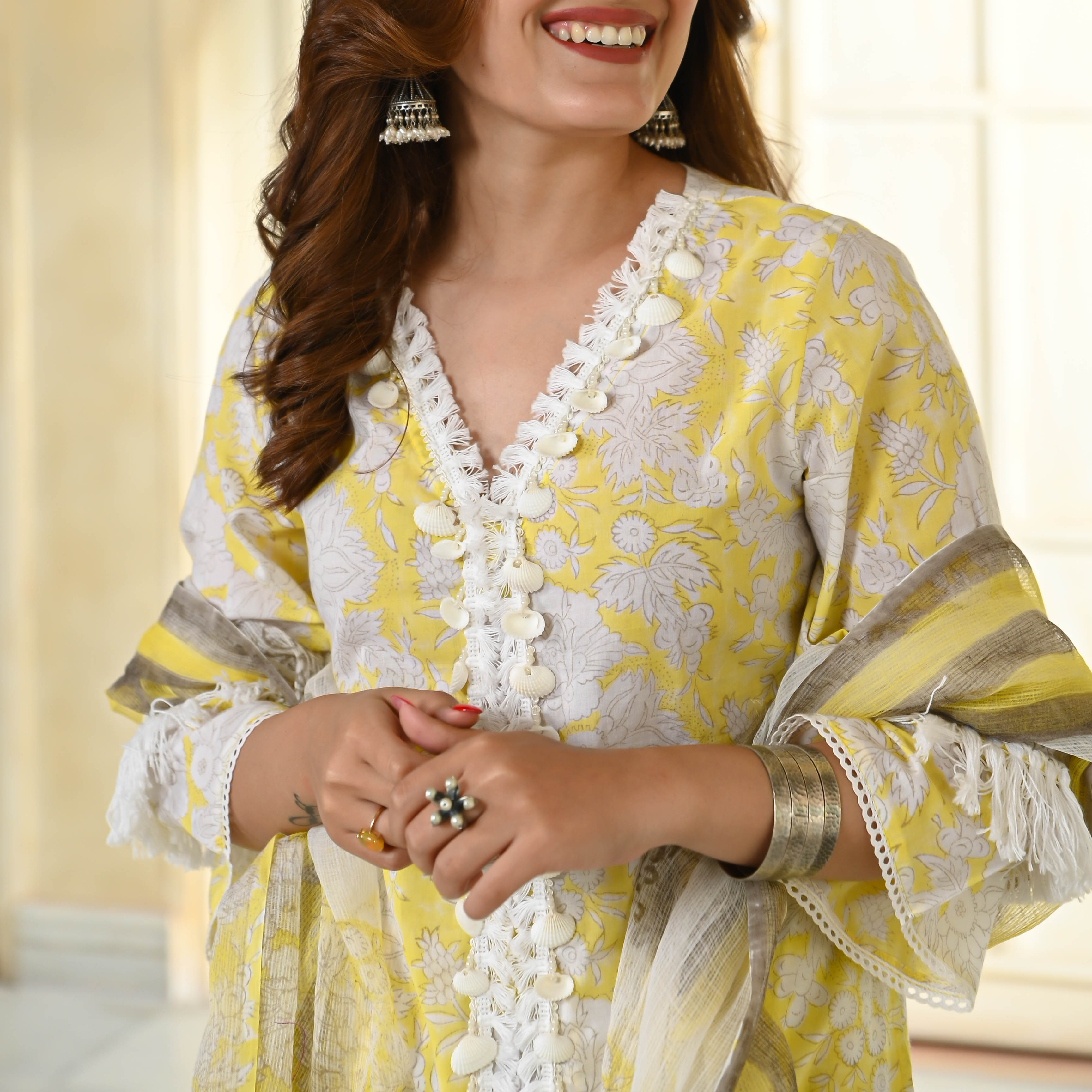 Light Yellow Handblock Printed Designer Cotton Suit Set For Women Online