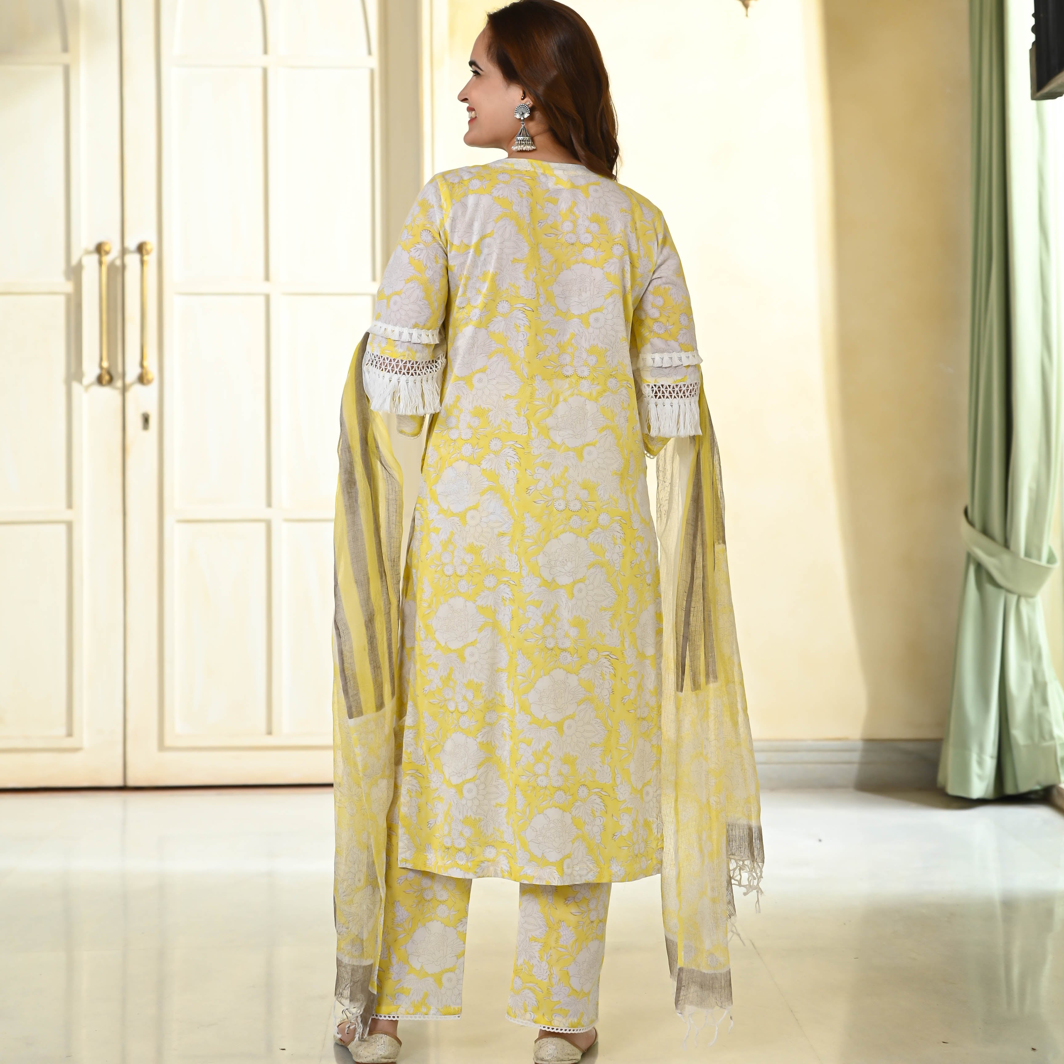 Light Yellow Handblock Cotton Suit Set for Women Online