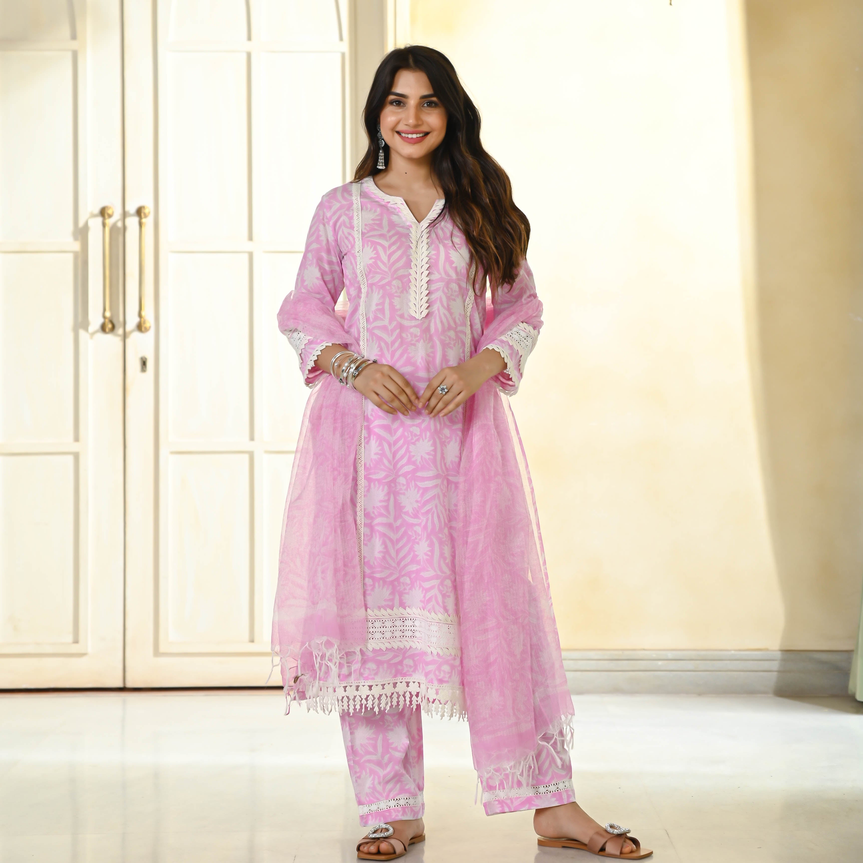 Baby Pink Handblock Cotton Suit Set for Women Online