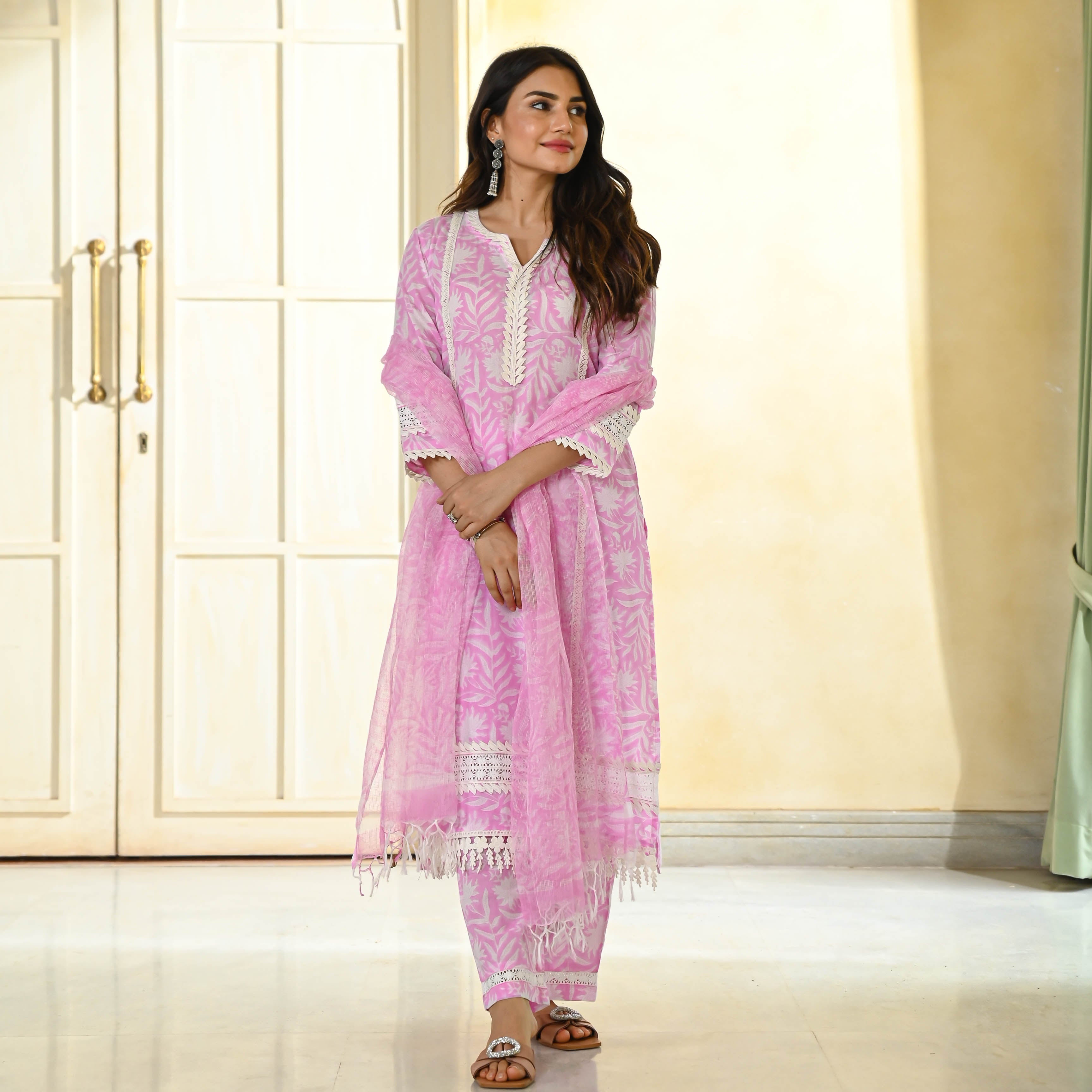 Baby Pink Handblock Printed Designer Cotton Suit Set For Women Online