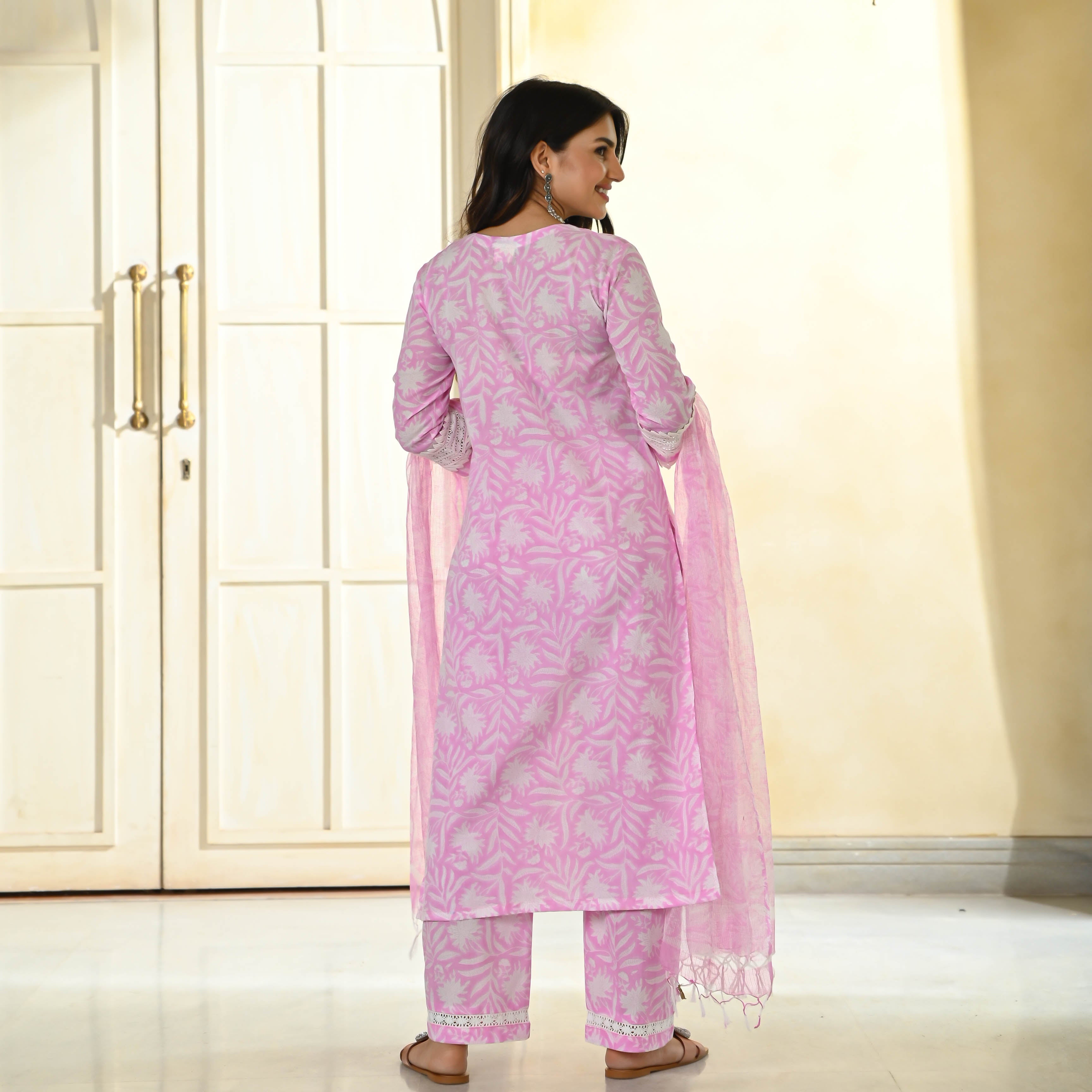 Baby Pink Handblock Cotton Suit Set for Women Online