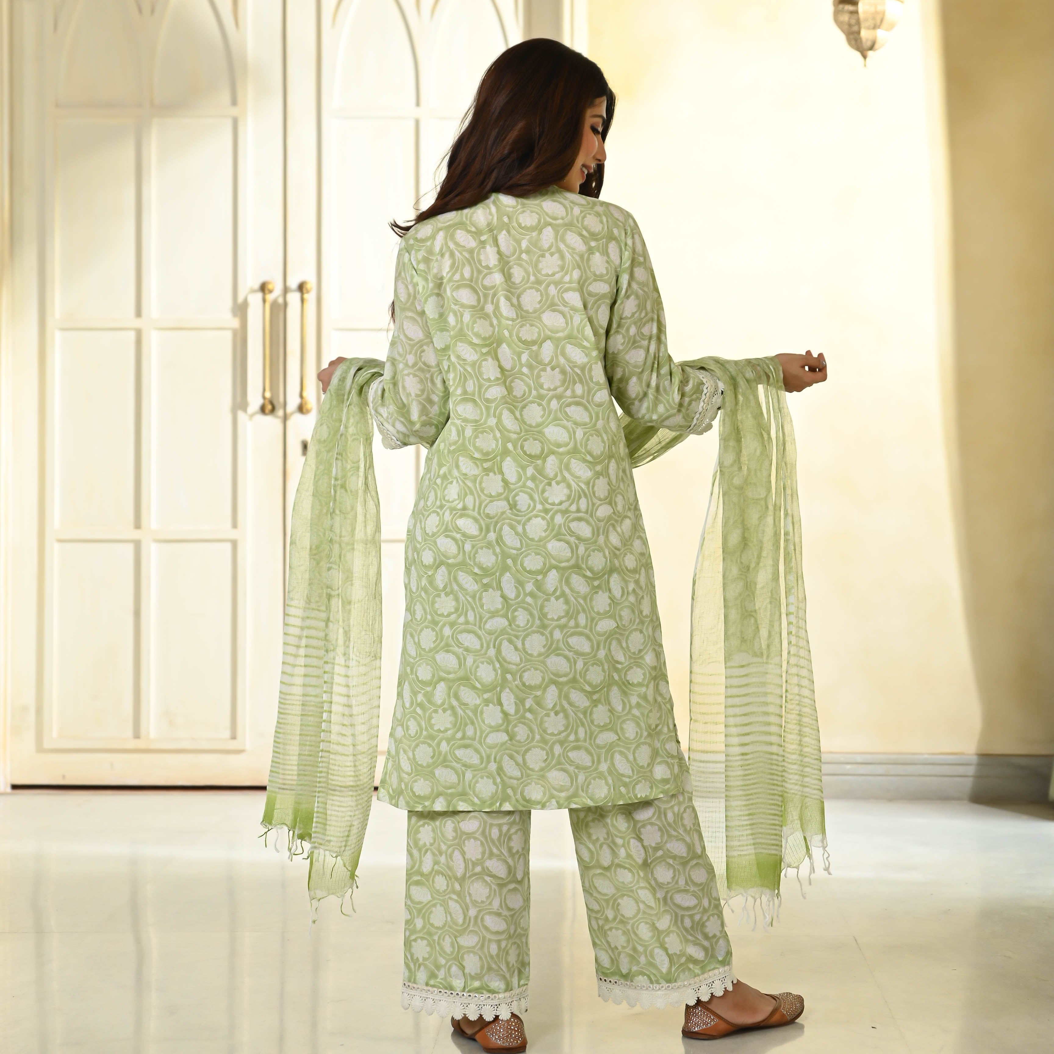 Green Handblock Cotton Suit Set for Women Online