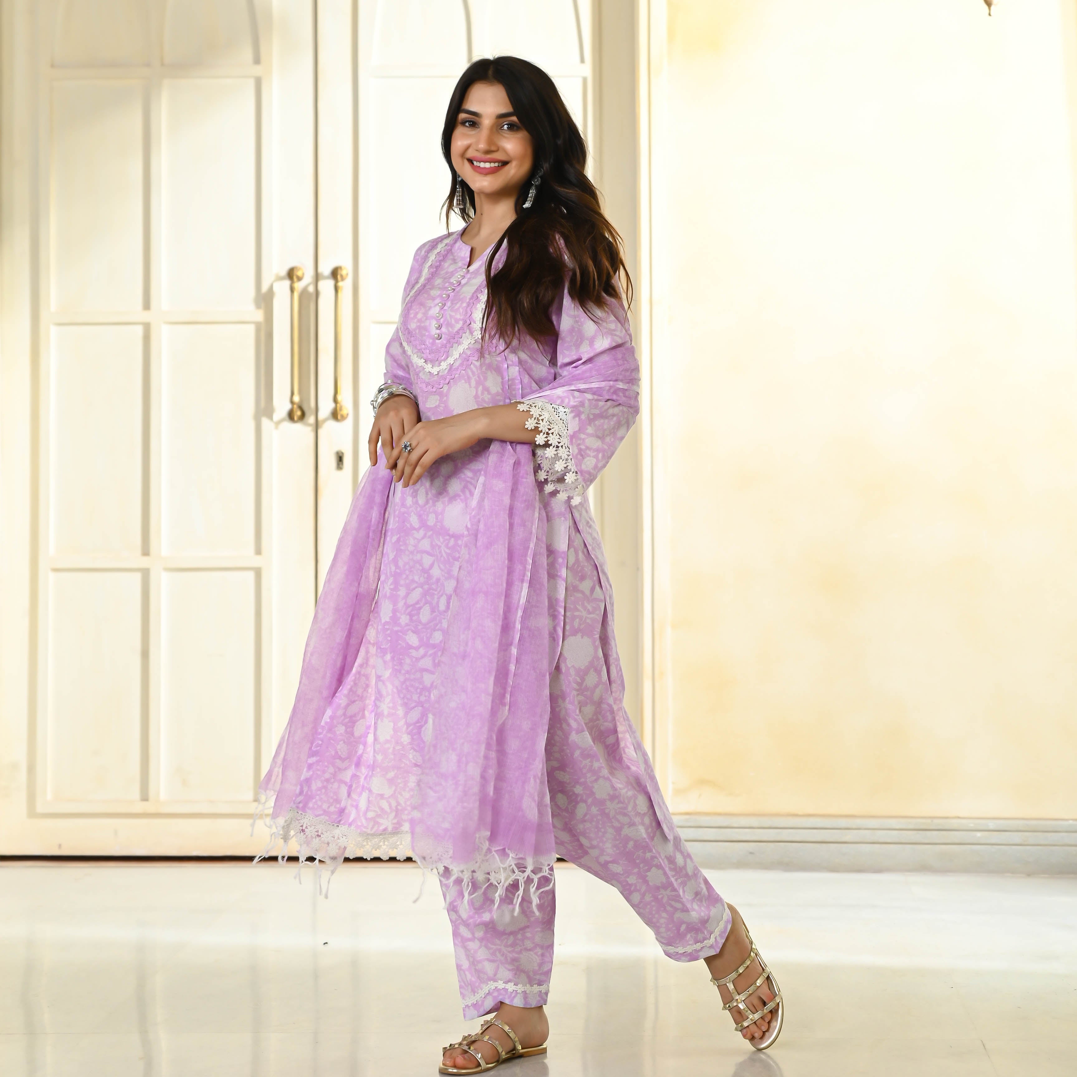 Lilac Cotton Handblock Suit Set for Women Online