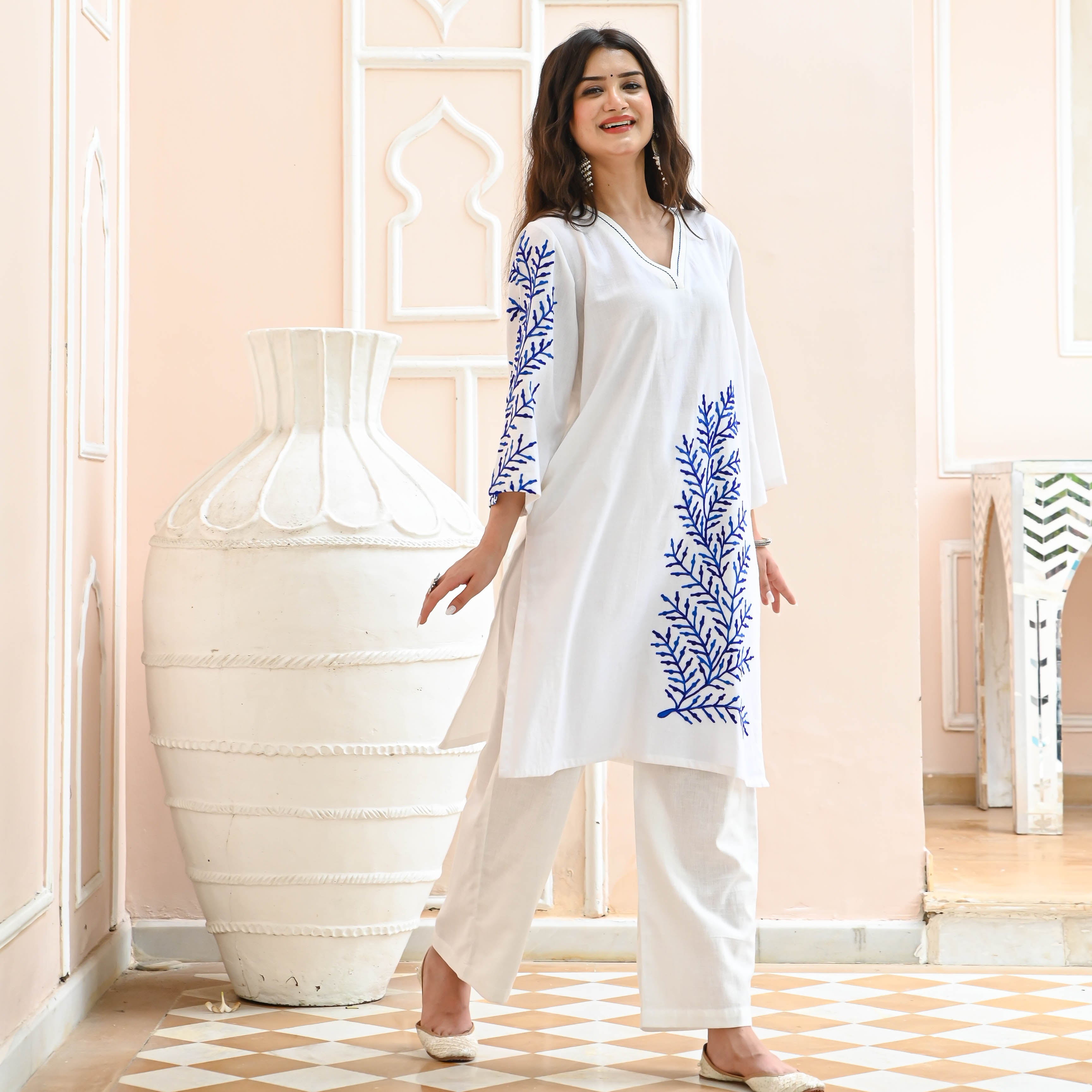 White Blue Embroidered Cotton Co-ord Set For Women Online