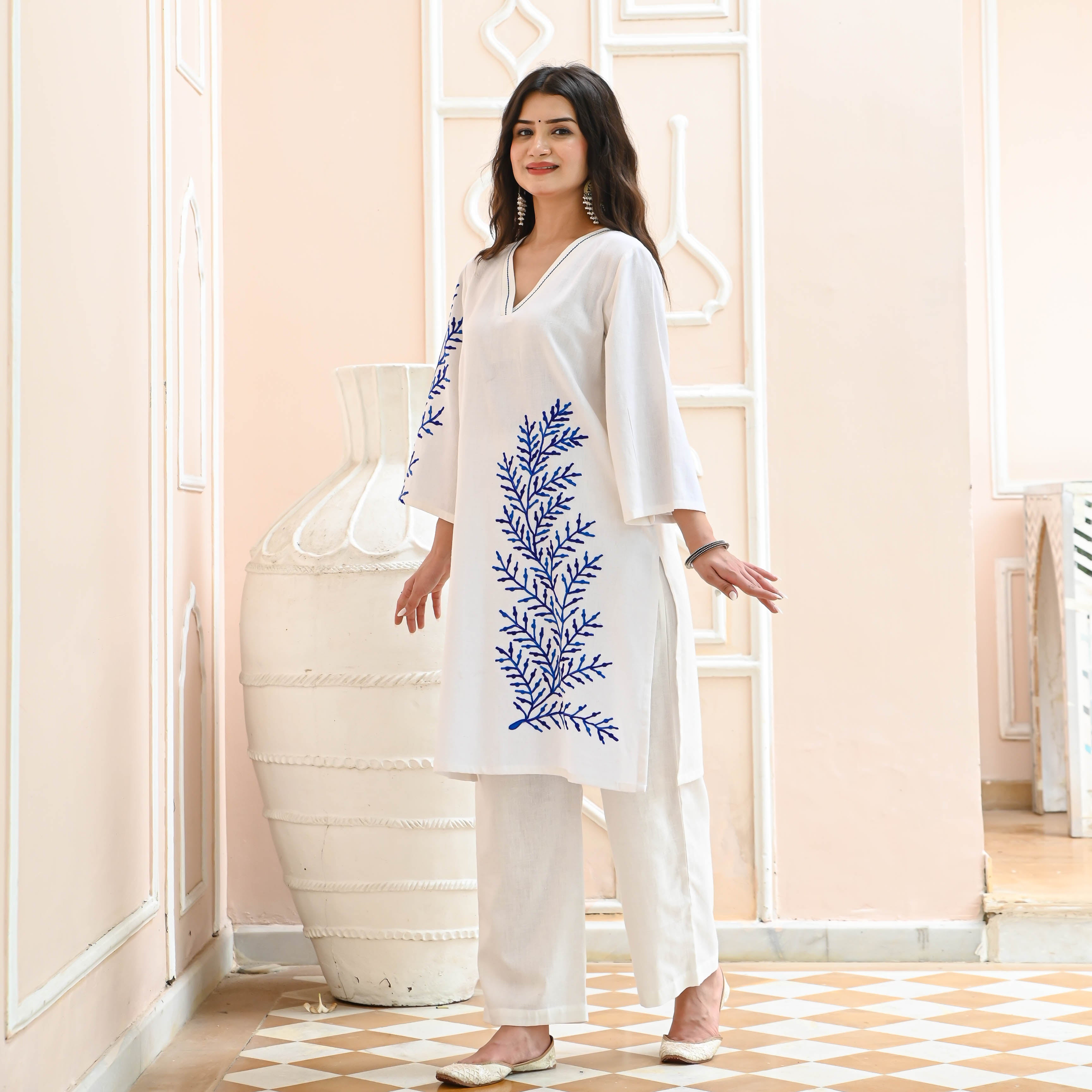 White Blue Embroidered Co-ord Set