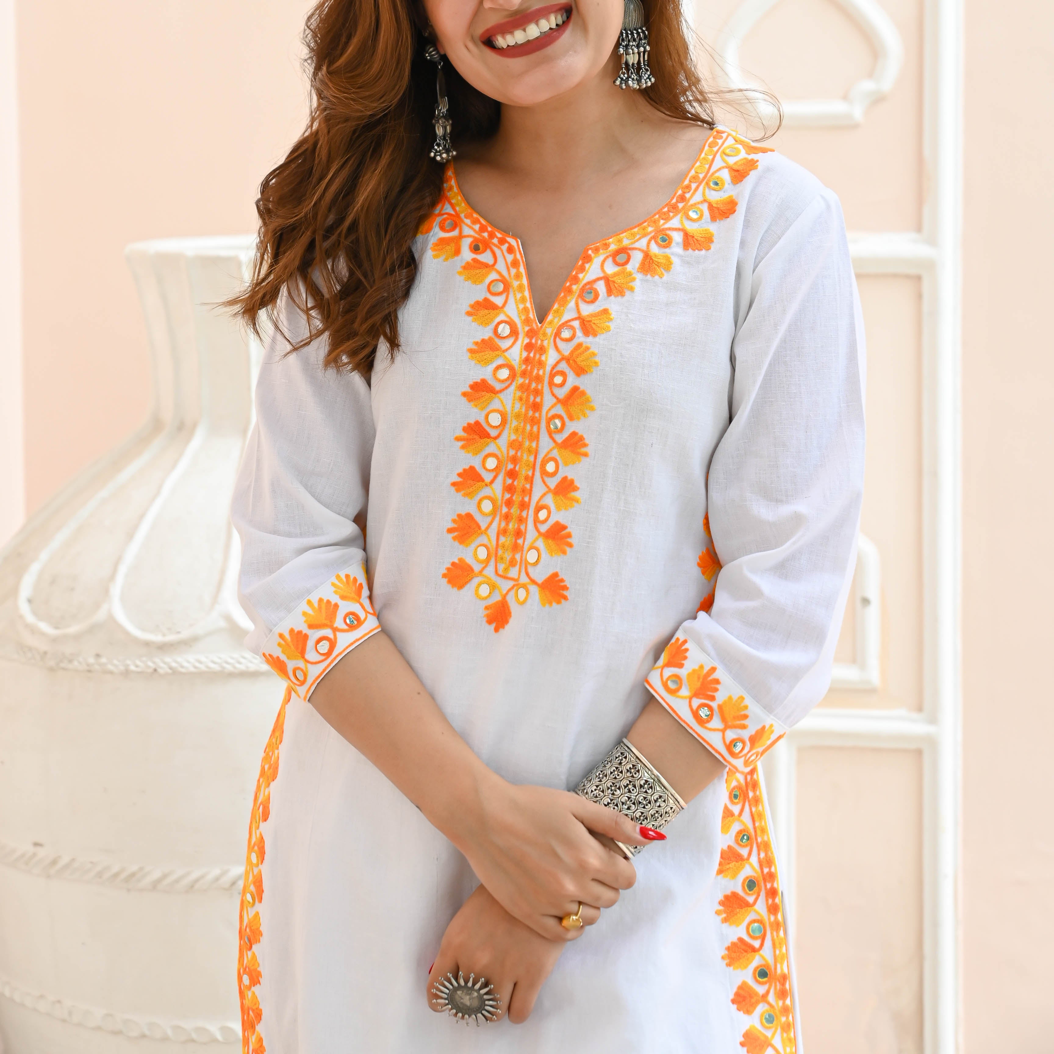 White Orange V Neck Embroidered Cotton Co-ord Set For Women Online