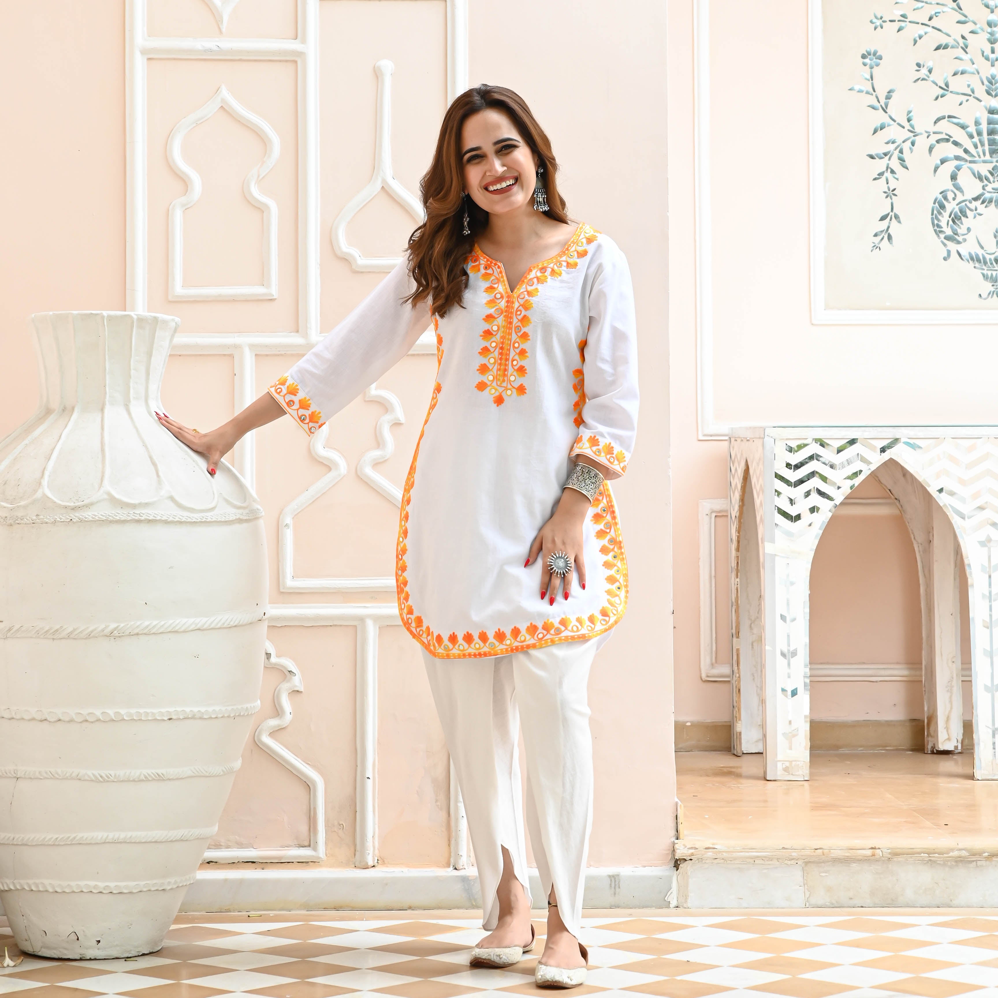 White Orange V Neck Embroidered Cotton Co-ord Set For Women Online